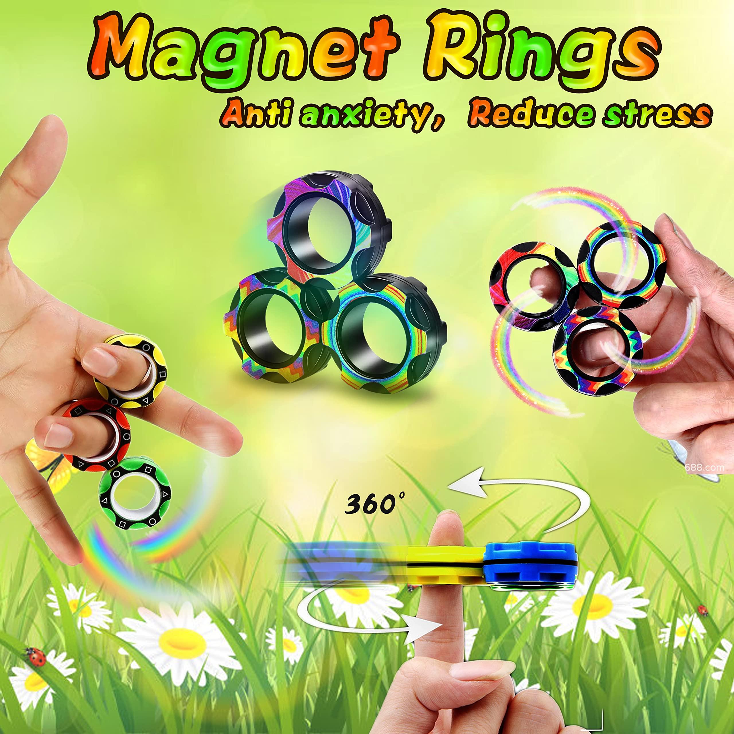Magnetic Fidget Rings for Adults & Kids - Stress Relief Sensory Toys for ADHD, Anxiety - Fun Finger Spinner Magnet Toys for Boys Girls Teens Age 6-12 - Perfect Stocking Stuffers, Office Desk & Travel Relaxation Gifts