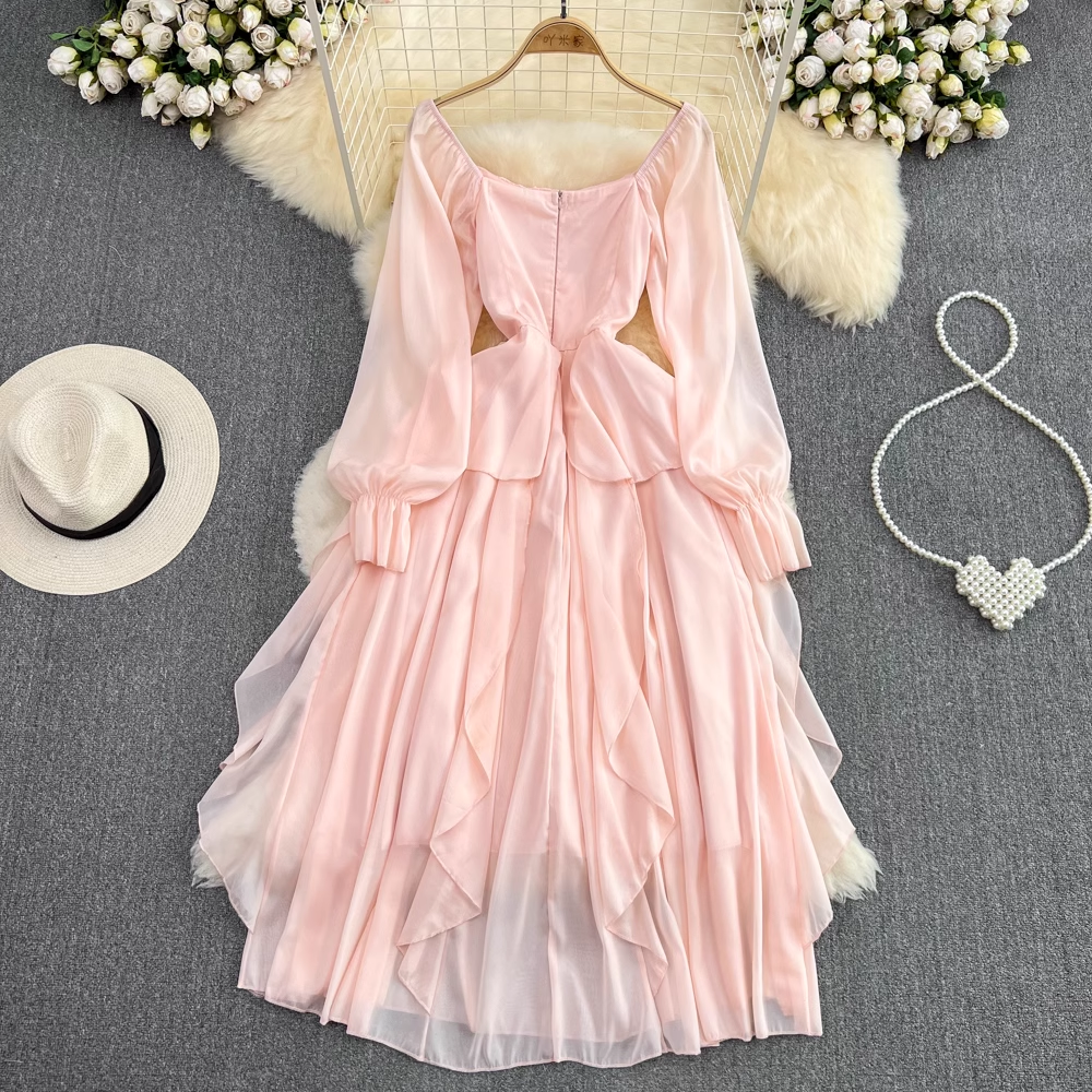 Fairy Long Sleeve Square Neck A-Line Ruffle Dress for Women | Elegant Fall Dress 1655 | Perfect for Autumn Weddings, Parties & Date Nights