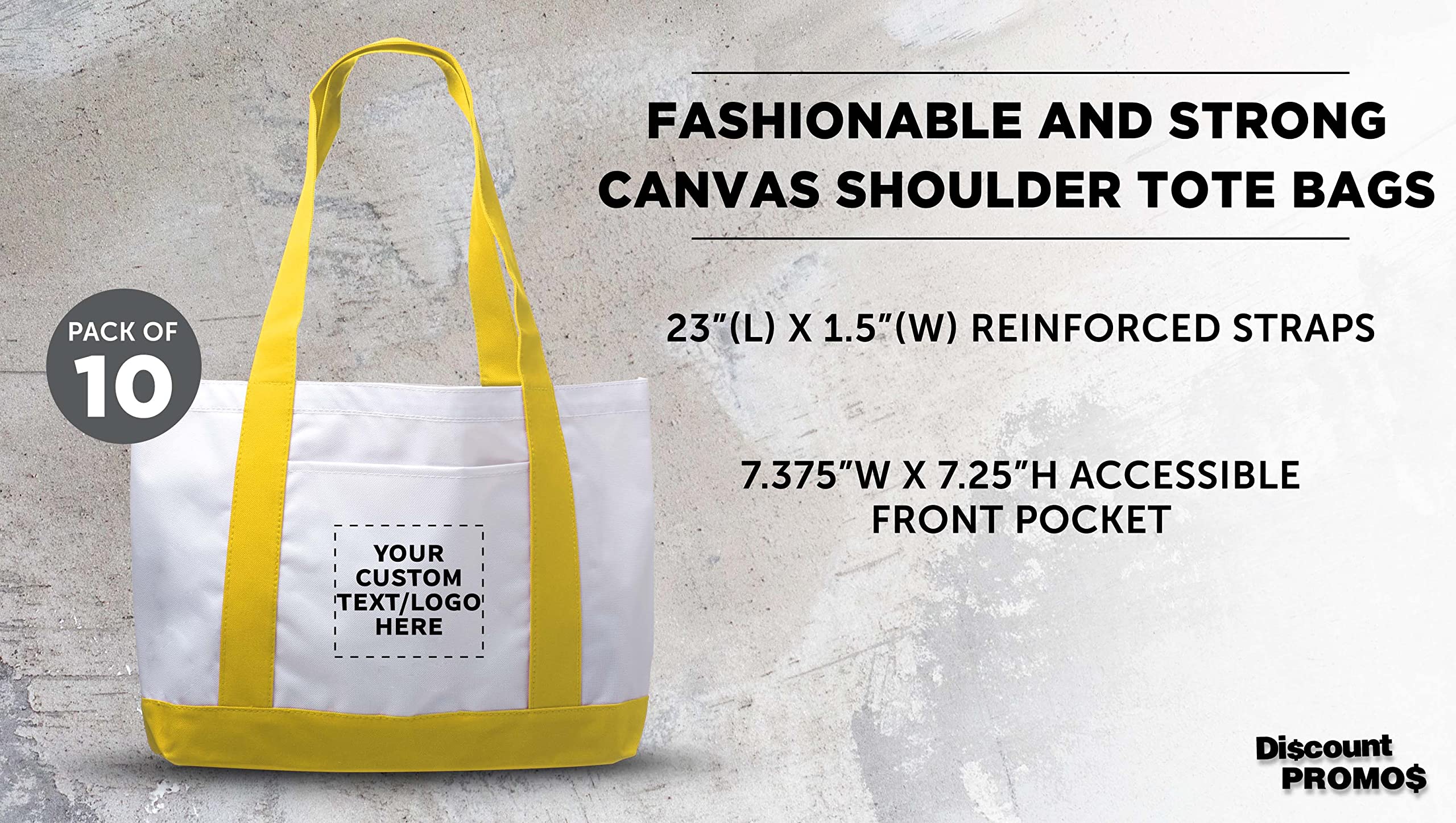10 Pack Customizable Canvas Tote Bags with Reinforced Straps & Front Pocket - Fashionable Yellow Shoulder Bags for Shopping, Beach & Work - Bulk Wholesale Polyester Totes for Promotions & Events