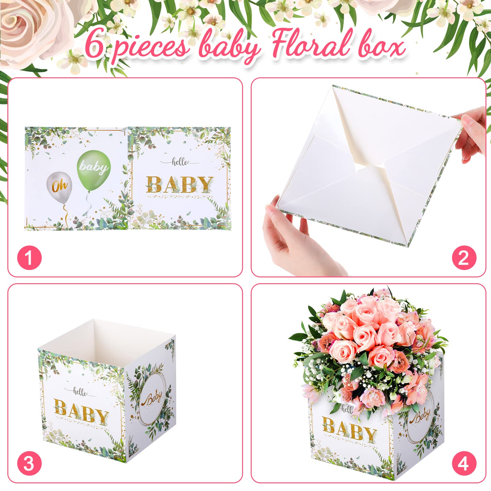 Floral Baby Shower Centerpieces - 6 Pcs Greenery Flower Boxes for Table Display, Gender Reveal Party Decorations (Girls/Boys/Birthday) - Perfect for Baby Showers, Bridal Showers & Wedding Decor