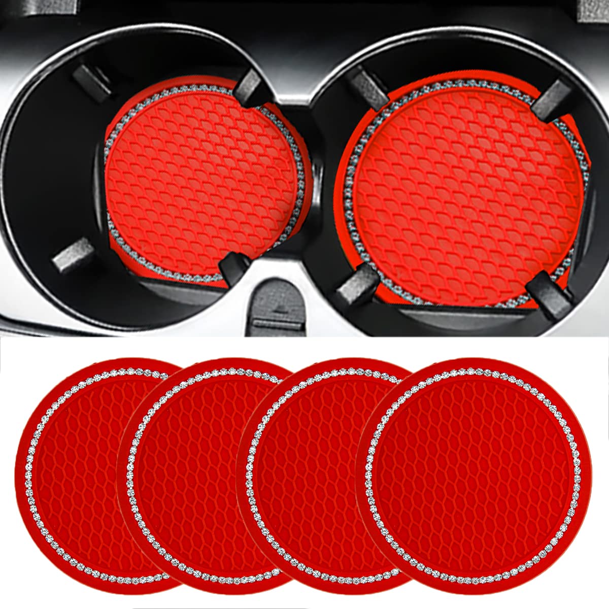4PCS Bling Rhinestone Car Coasters - 2.75 Inch Silicone Anti-Slip Cup Holder Coasters for Most Vehicles, Universal Car Accessories for Women (Red) - Perfect for Protecting Your Car Interior & Adding Glamorous Style to Your Daily Commute