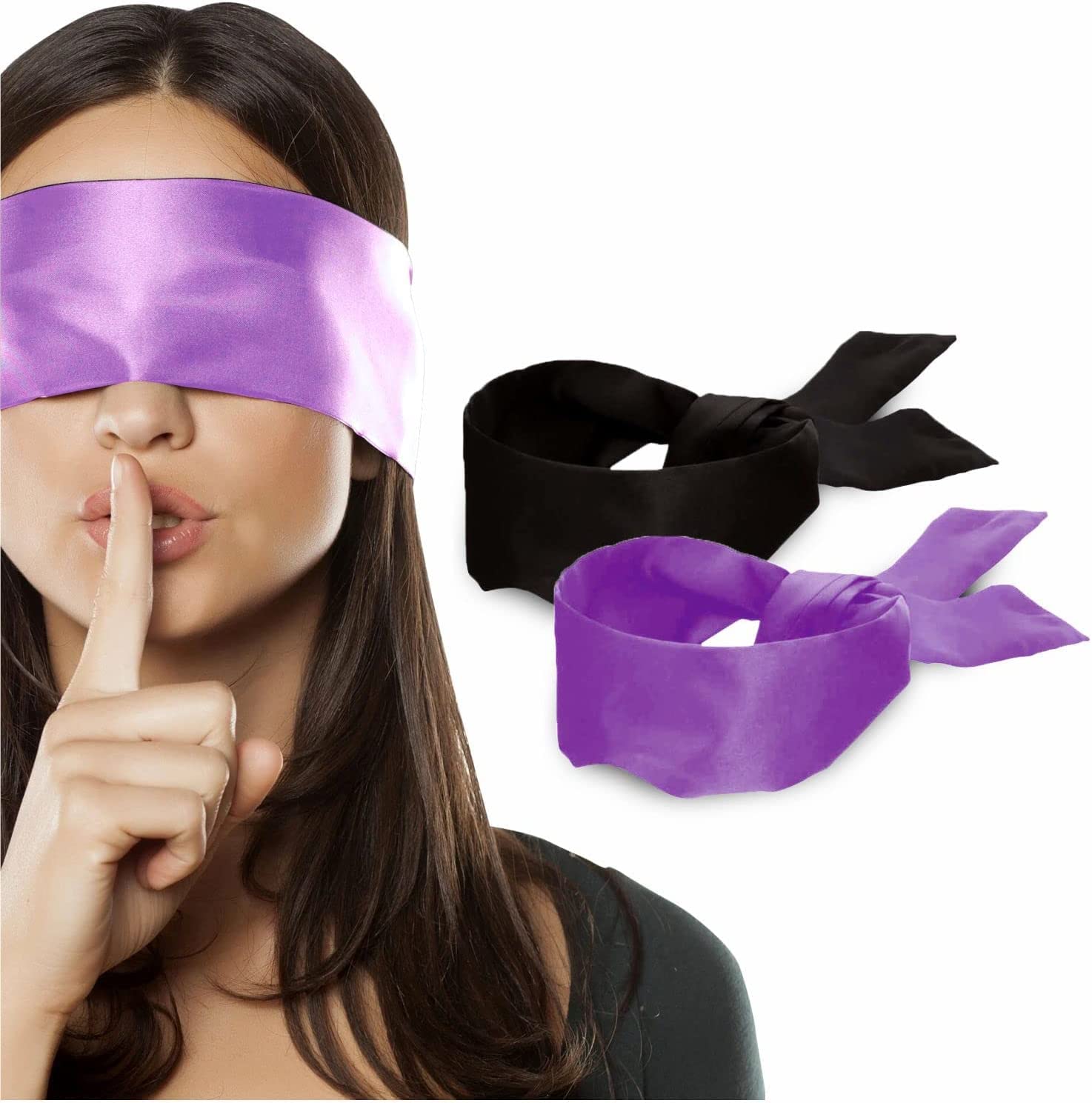 2 Pcs Silk Satin Sleep Mask - Soft Blindfold Eye Cover for Women & Men, Black + Purple, 62