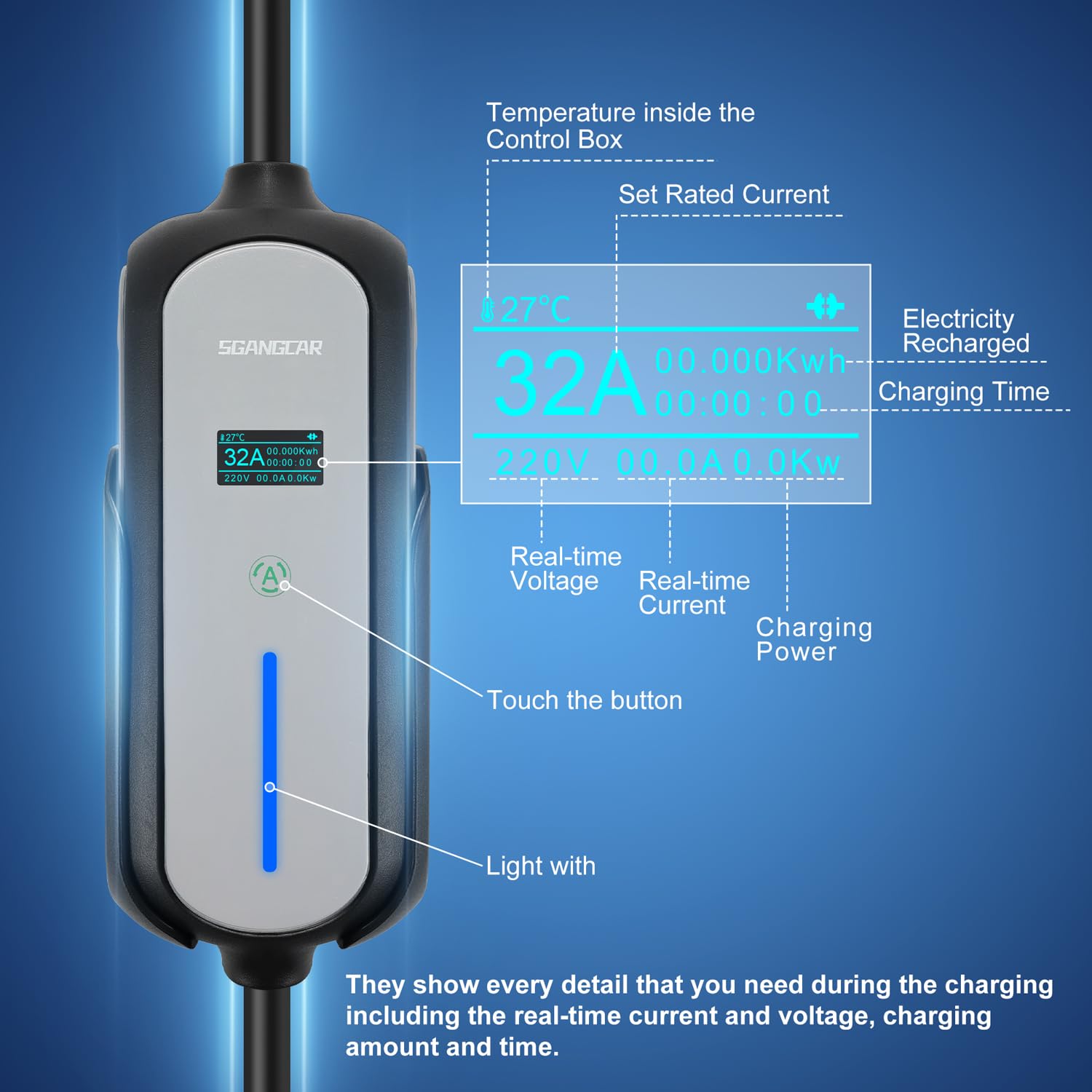 32Amp 240V Level 2 EV Charger with NEMA 14-50 Plug - Portable Home Electric Vehicle Charger | SAE J1772 Compatible | IP65 Waterproof | Adjustable Current & Timer | 20ft Cable - Perfect for Home, Garage & Outdoor Charging