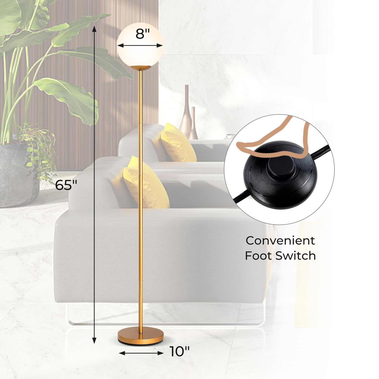 Tangkula Mid Century Modern Globe Floor Lamp - Gold Standing Light with Glass Shade for Living Room, Bedroom & Office - Tall Pole Light for Reading Nook, Lounge Area & Workspace (1-Globe)