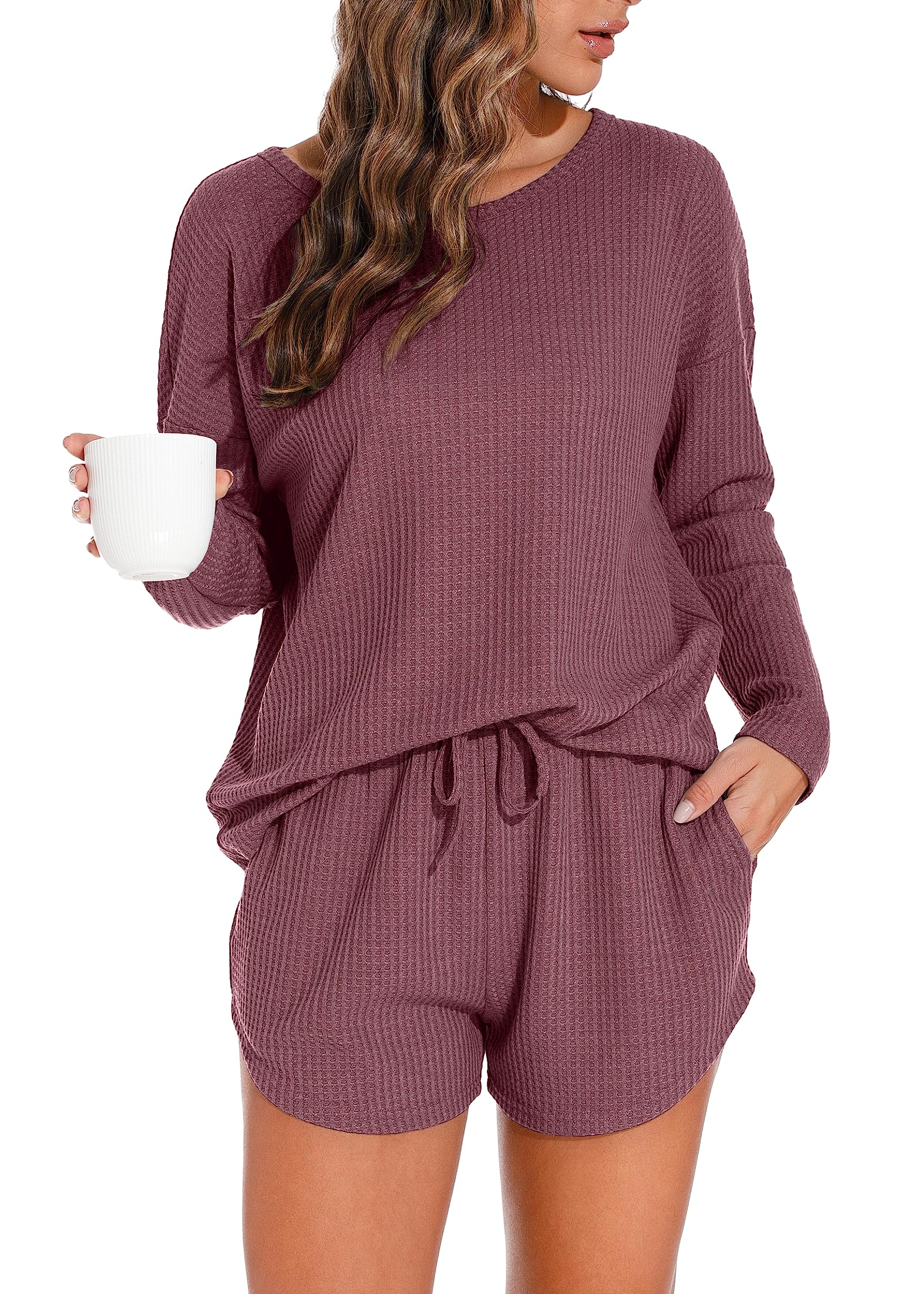 PrinStory Women's Waffle Knit Pajama Set - 2 Piece Lounge Outfit with Pockets | Soft & Comfortable Loungewear for Sleep, Relaxation & Home Wear