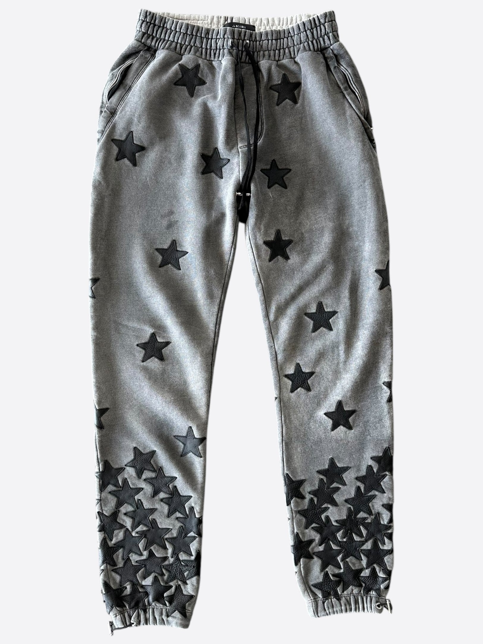 Amiri Chemist Grey & Black Leather Star Applique Sweatpants for Men - Luxury Designer Joggers with Leather Details - Perfect for Streetwear & Casual Outfits