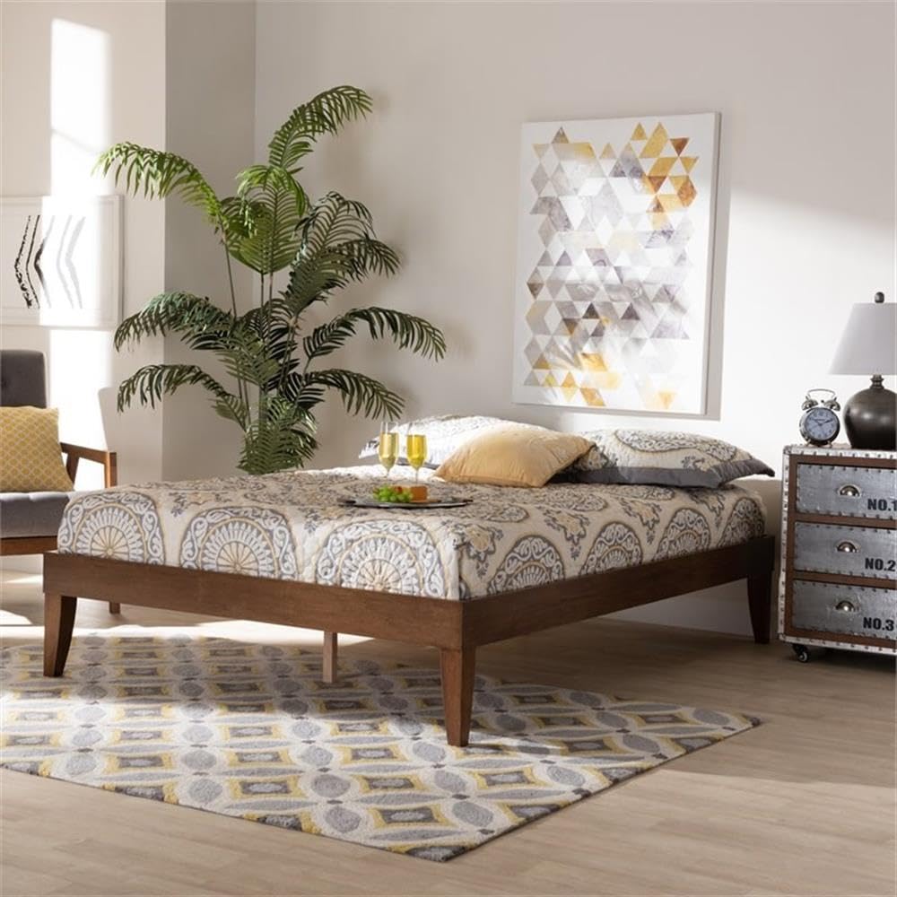 BOWERY HILL Queen Size Walnut Finished Platform Bed Frame with Headboard - Solid Wood Modern Bedroom Furniture for Small Spaces & Guest Rooms