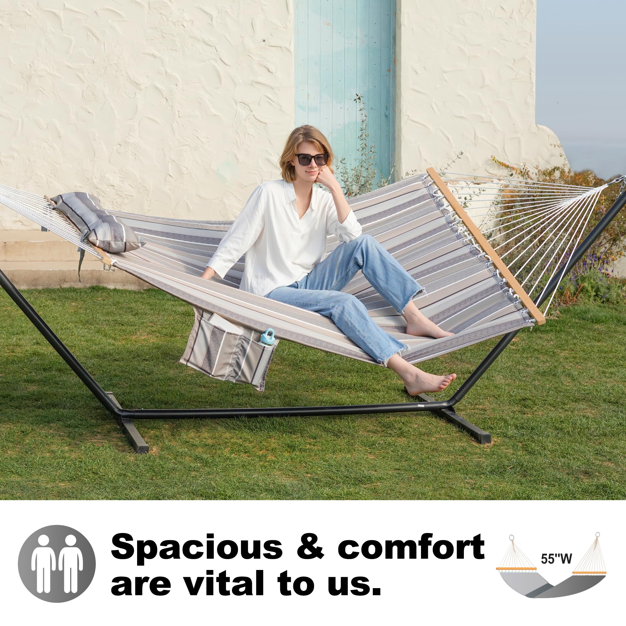 2 Person Hammock with Stand - 12ft Heavy Duty Steel Frame, Double Quilted Outdoor Hammock with XL Removable Pillow & Side Pockets - Indoor/Outdoor Use for Backyard, Camping, Beach - Supports 475 lbs (Peace Dove)