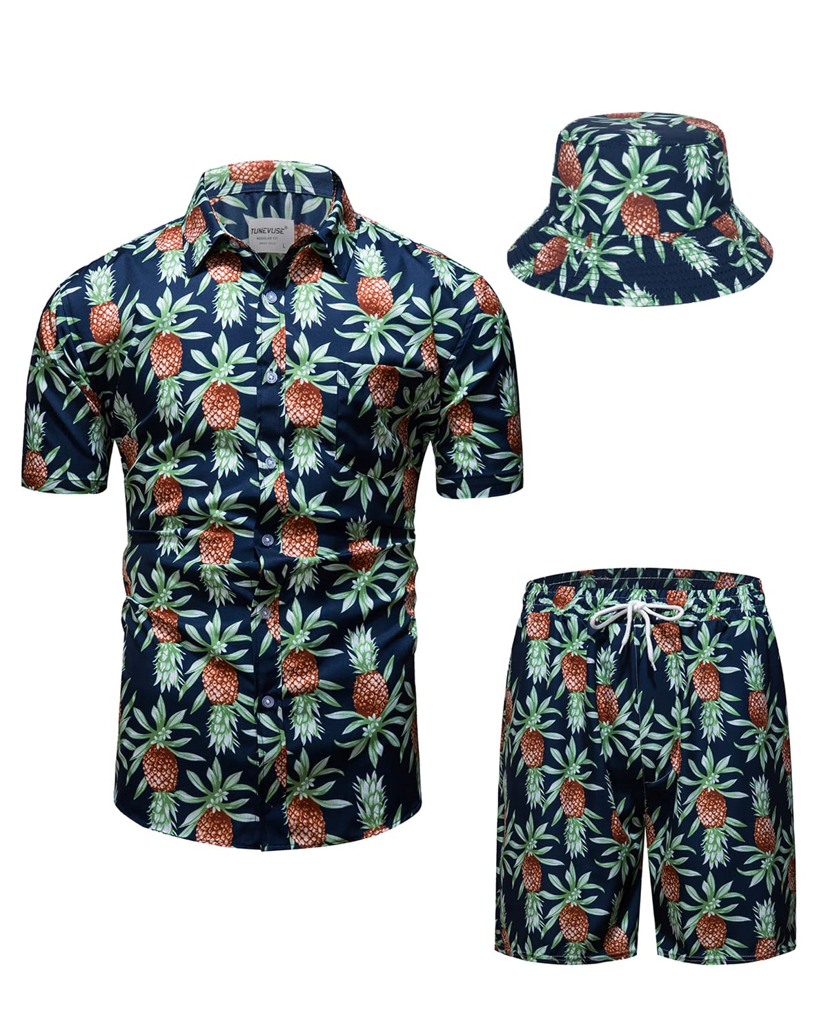 **TUNEVUSE Men's Hawaiian Shirts and Shorts Set - 2 Piece Tropical Beach Outfit with Floral Print & Bucket Hat for Summer Vacation, Luau Party, and Casual Wear**