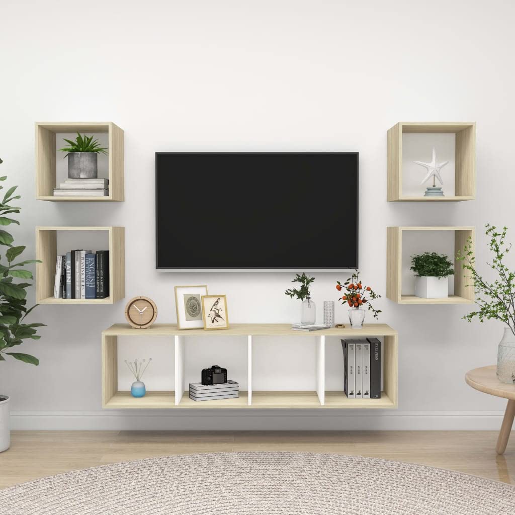5-Piece Modern Entertainment Center Media Cabinet - Living Room TV Stand with Storage, White & Sonoma Oak Chipboard - Perfect for Living Room, Bedroom, Office & Home Theater Setup