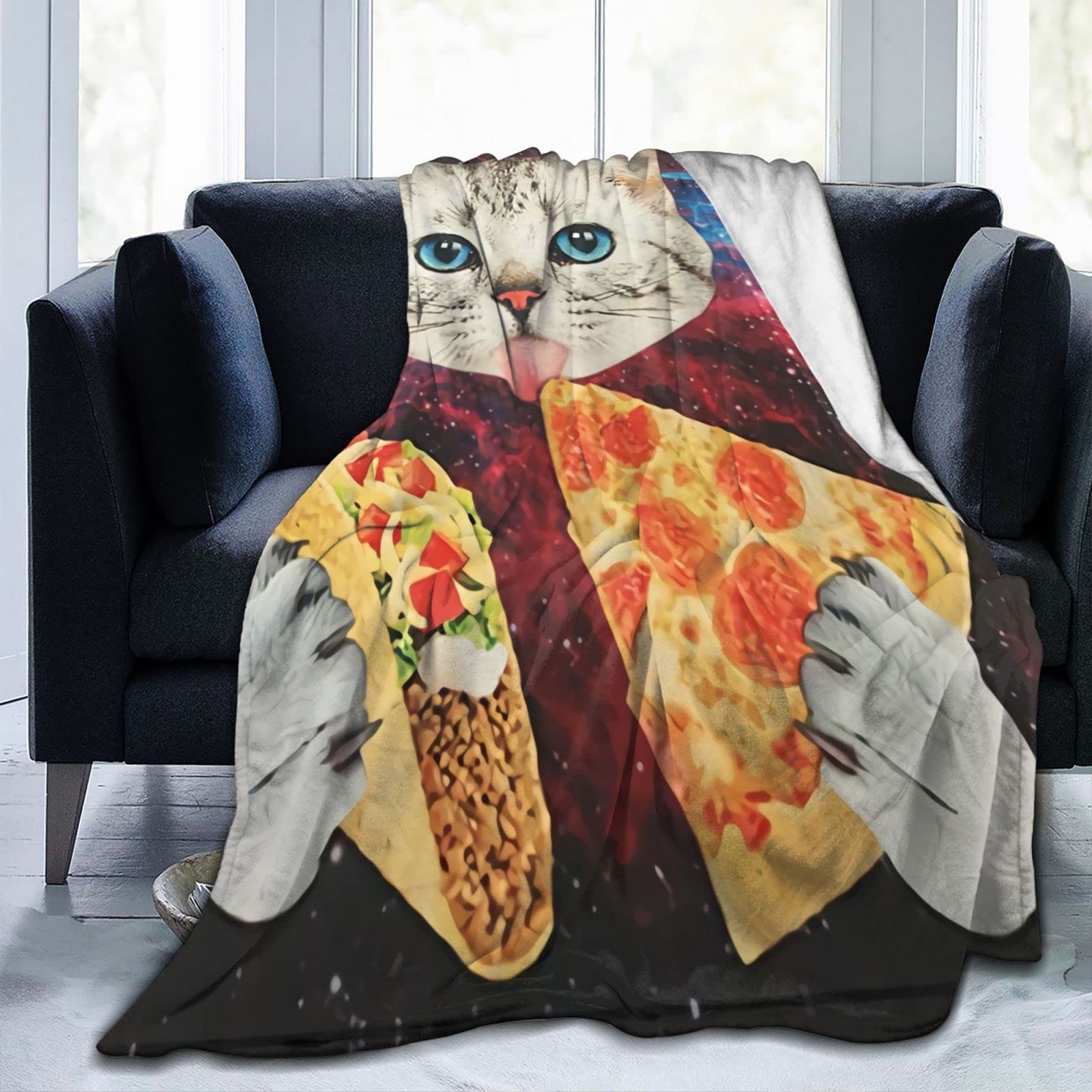 **Galaxy Space Cat Taco Pizza Ultra Soft Flannel Fleece Throw Blanket - 60