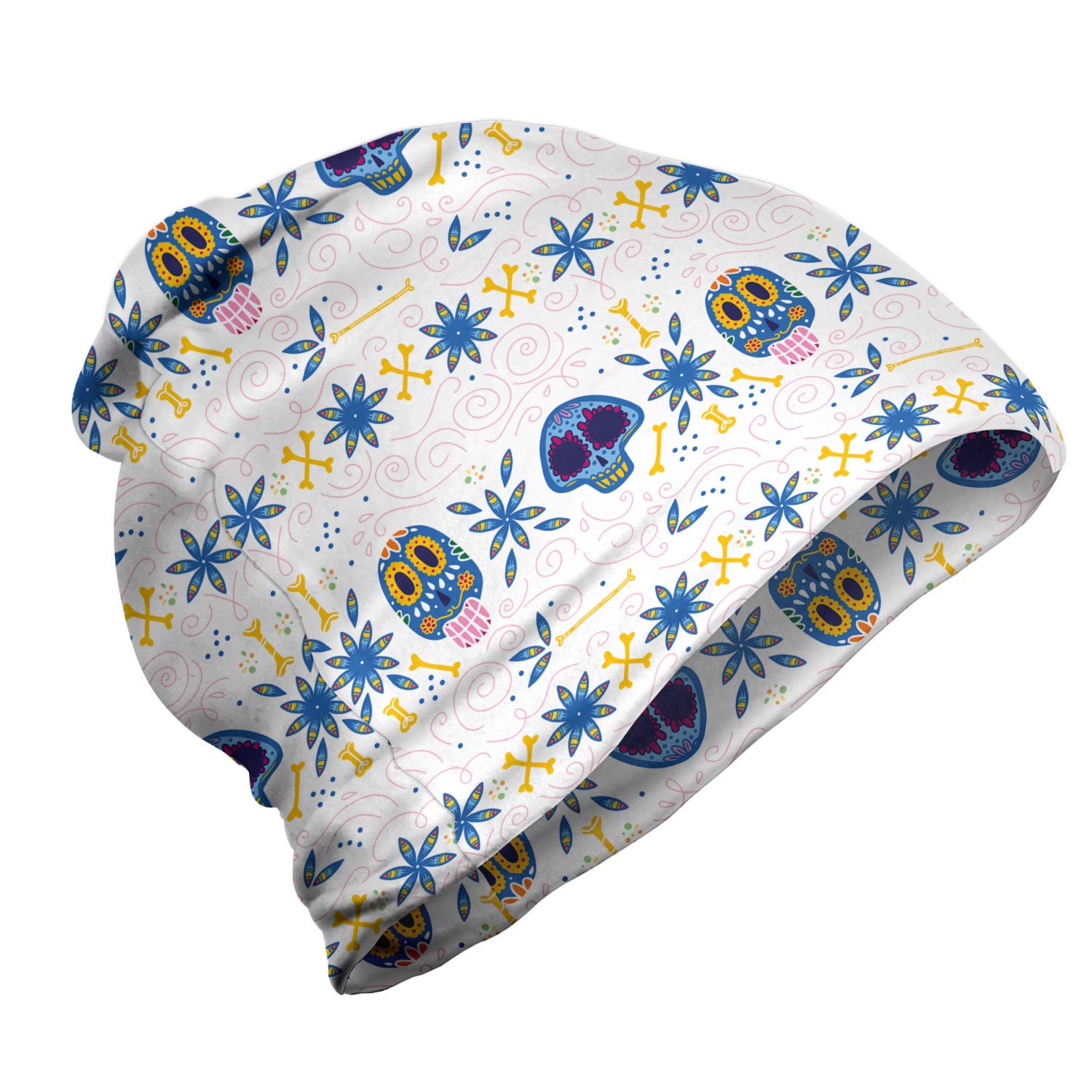 Ambesonne Unisex Beanie - Skull & Bone Floral Design for Men & Women - Warm Winter Knit Hat for Hiking, Camping & Outdoor Activities