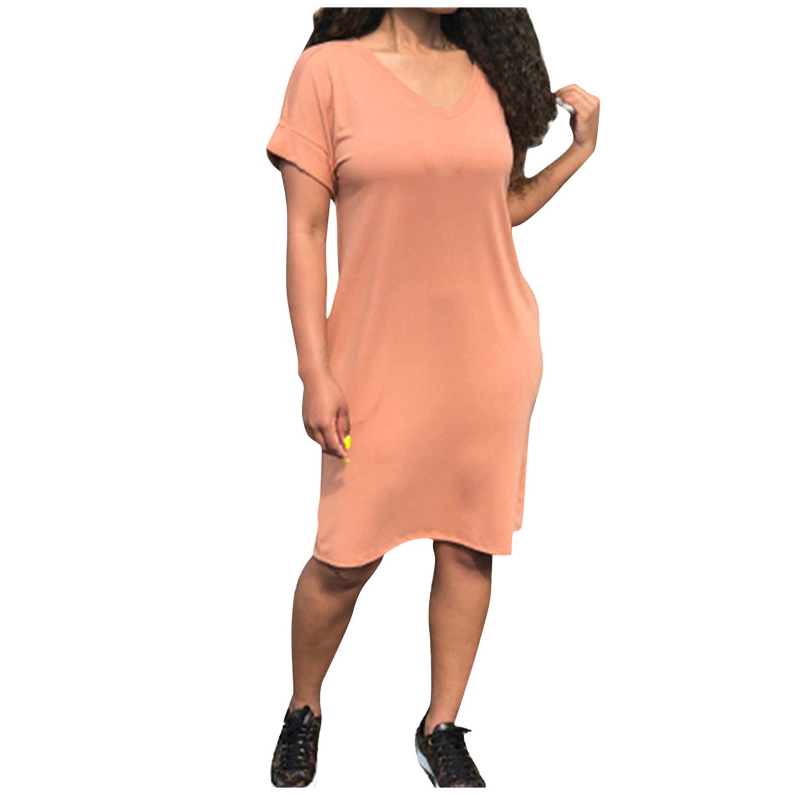 FOVIGUO Women's Summer Casual T-Shirt Dress - V-Neck Short Sleeve Midi Shift Dress with Pockets | Perfect for Beach, Vacation & Everyday Wear