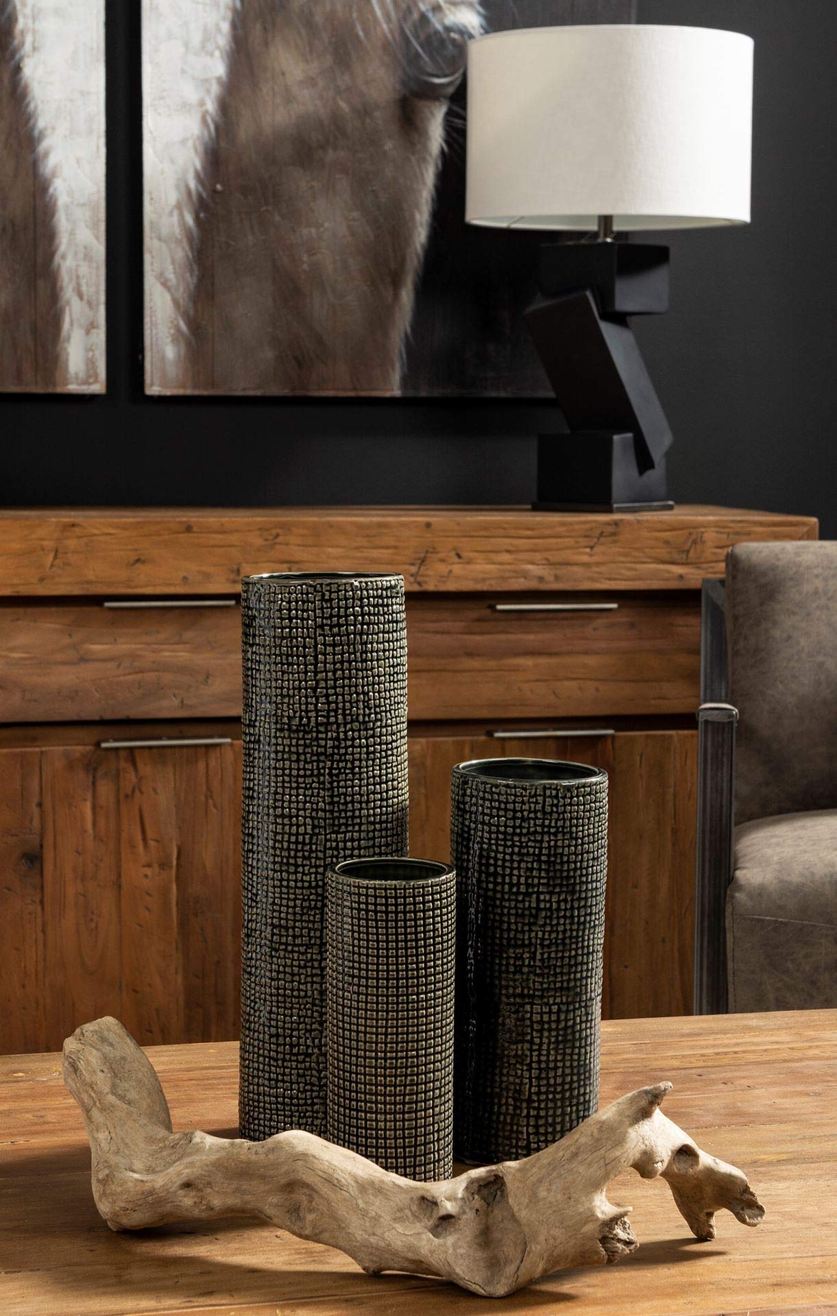 Mercana Kona II Medium Black Side Table with Gold Ceramic Vase - Modern End Table for Living Room, Bedroom & Office Decor