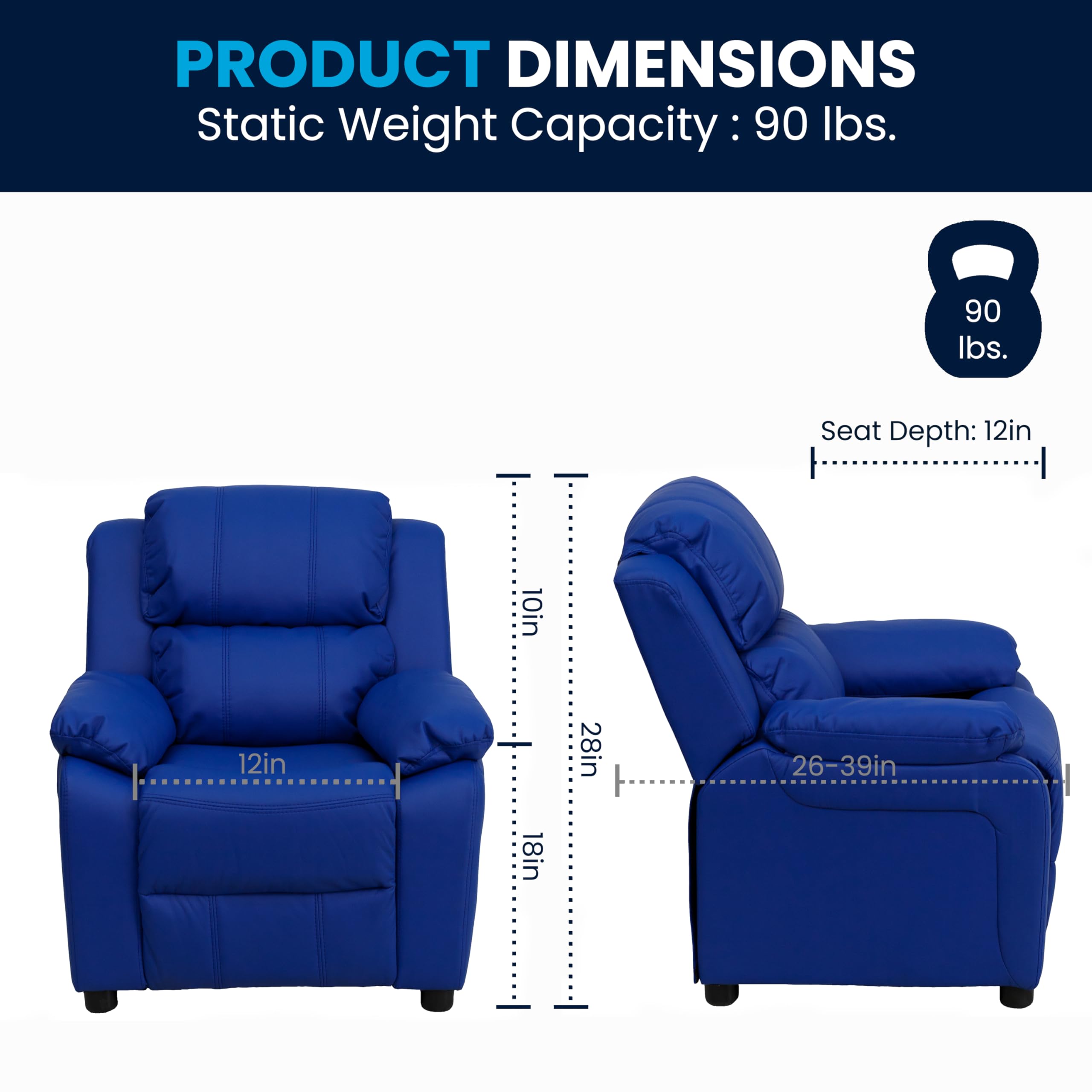 Flash Furniture Charlie Vinyl Kids Recliner with Flip-Up Storage Arms & Safety Recline - Modern Reclining Chair for Children (90 lbs Capacity, Blue) - Perfect for Playrooms, Bedrooms & Movie Nights