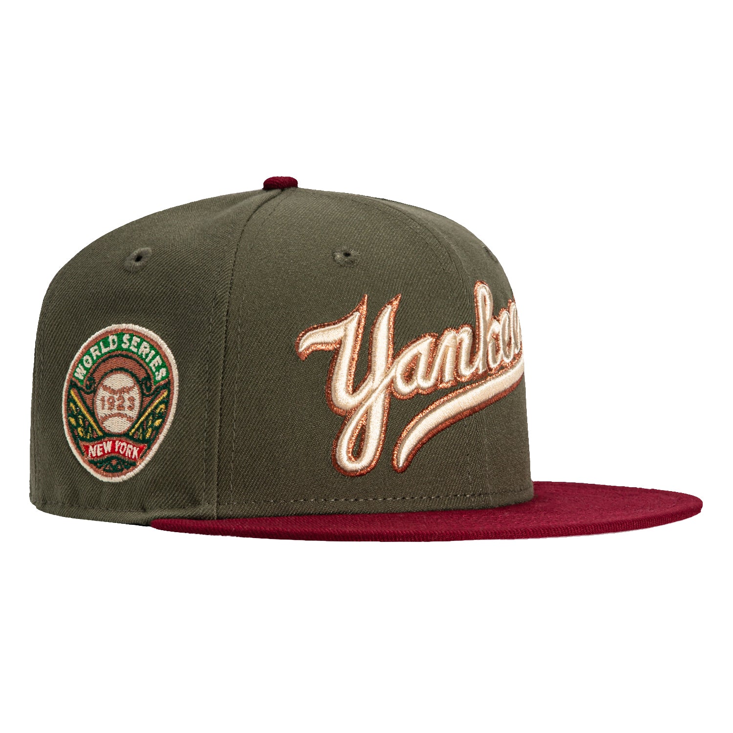 New Era 59Fifty New York Yankees 1923 World Series Patch Script Winter Hat - Olive & Cardinal Colors for Baseball Fans & Cold Weather Fashion