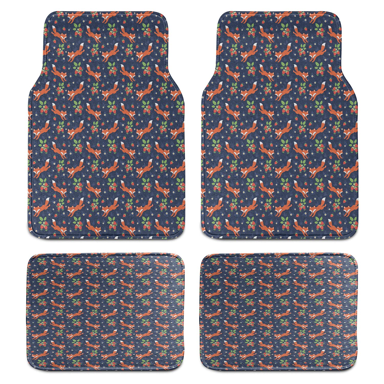 Ambesonne Fox Car Mats Set of 4 - Cartoon Animal & Floral Strawberry Print Floor Mats with Non-Slip PVC Backing | Durable Front & Back Seat Car Accessories | Perfect for SUVs, Sedans & Family Vehicles