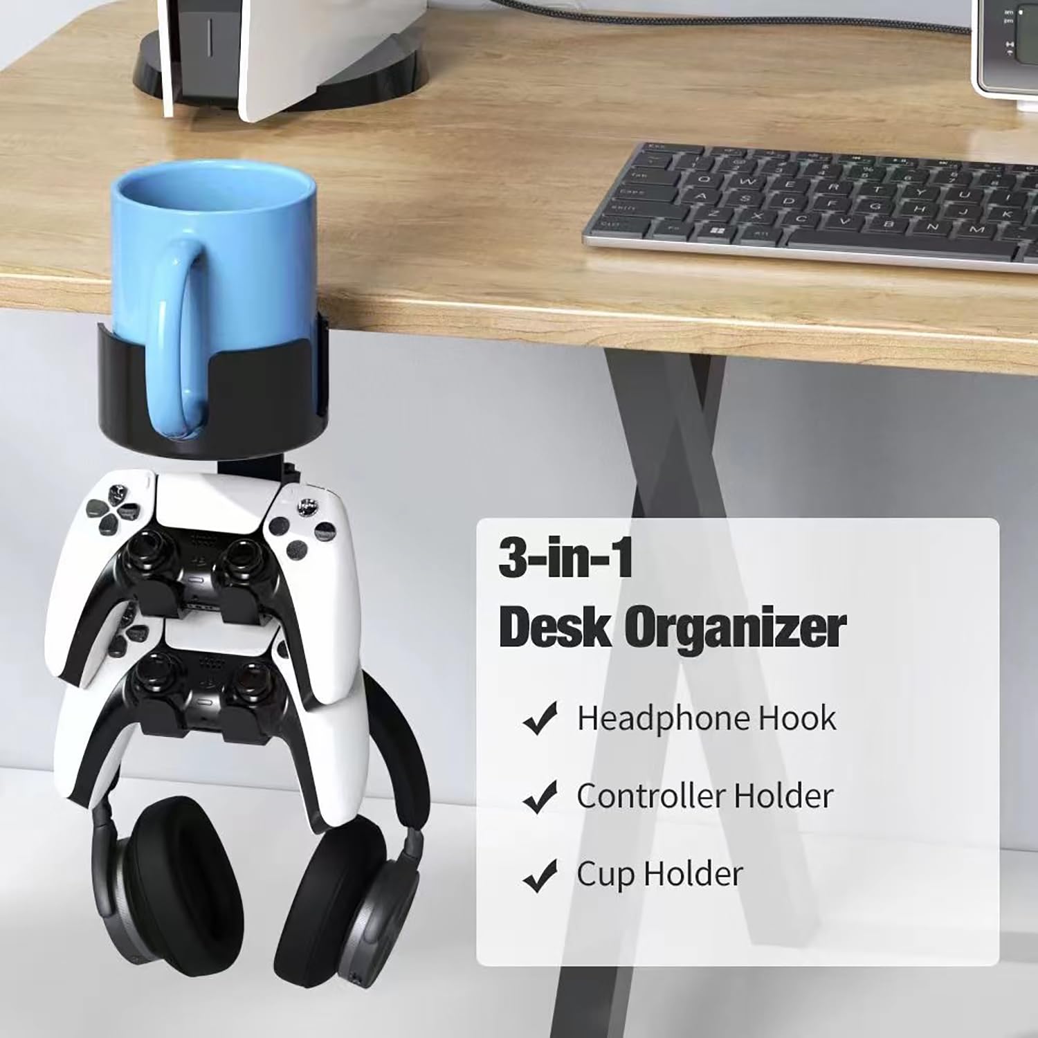 360° Rotating 3-in-1 Desk Controller Holder with Headphone Hanger & Anti-Spill Cup Holder - Aluminum Alloy & Plastic Gaming Accessory for Xbox/PS4/PS5/Switch (Max Load 20lb) - Perfect for Gaming Setups, Office Desks & Home Entertainment Centers