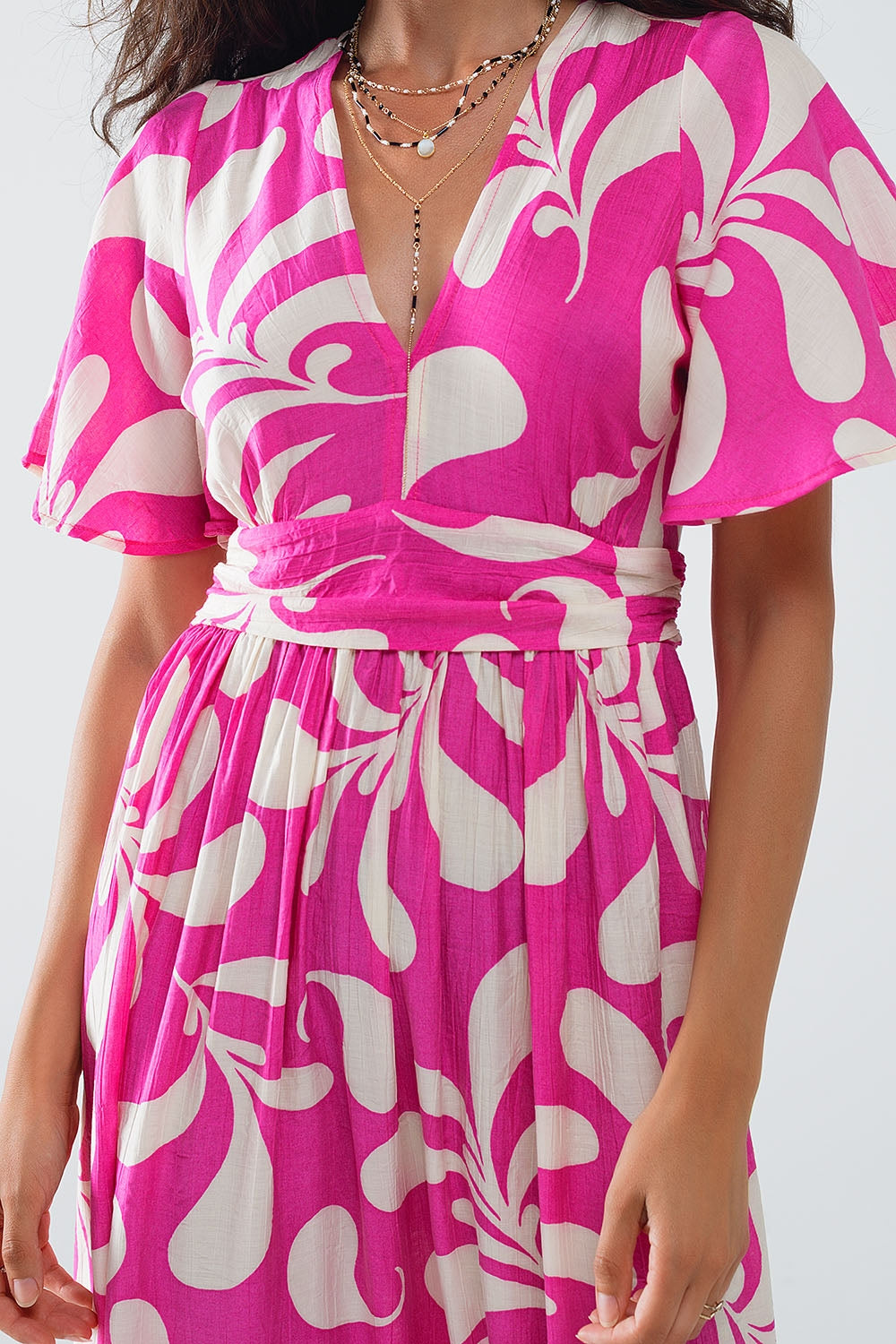 Fuchsia Floral Print Long Robe with Open Back - Elegant Loungewear for Women, Perfect for Spa Days, Bridal Parties, and Relaxing at Home