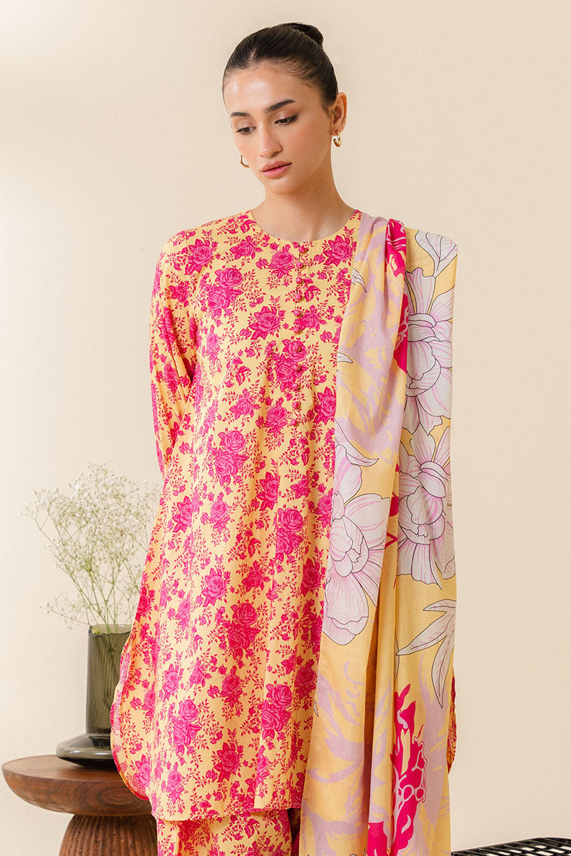 Stylish Misted Yellow 3-Piece Printed Lawn Suit for Women | Summer Fashion Outfit | Perfect for Weddings, Parties & Casual Wear