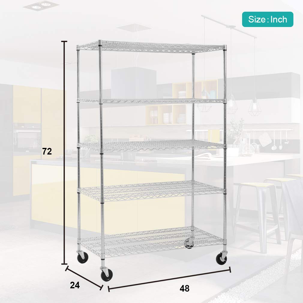 5-Wire Heavy Duty Steel Shelving Unit - 5000 LBS Capacity, NSF Certified Commercial Grade Metal Rack with Adjustable Height & 4 Wheels (24