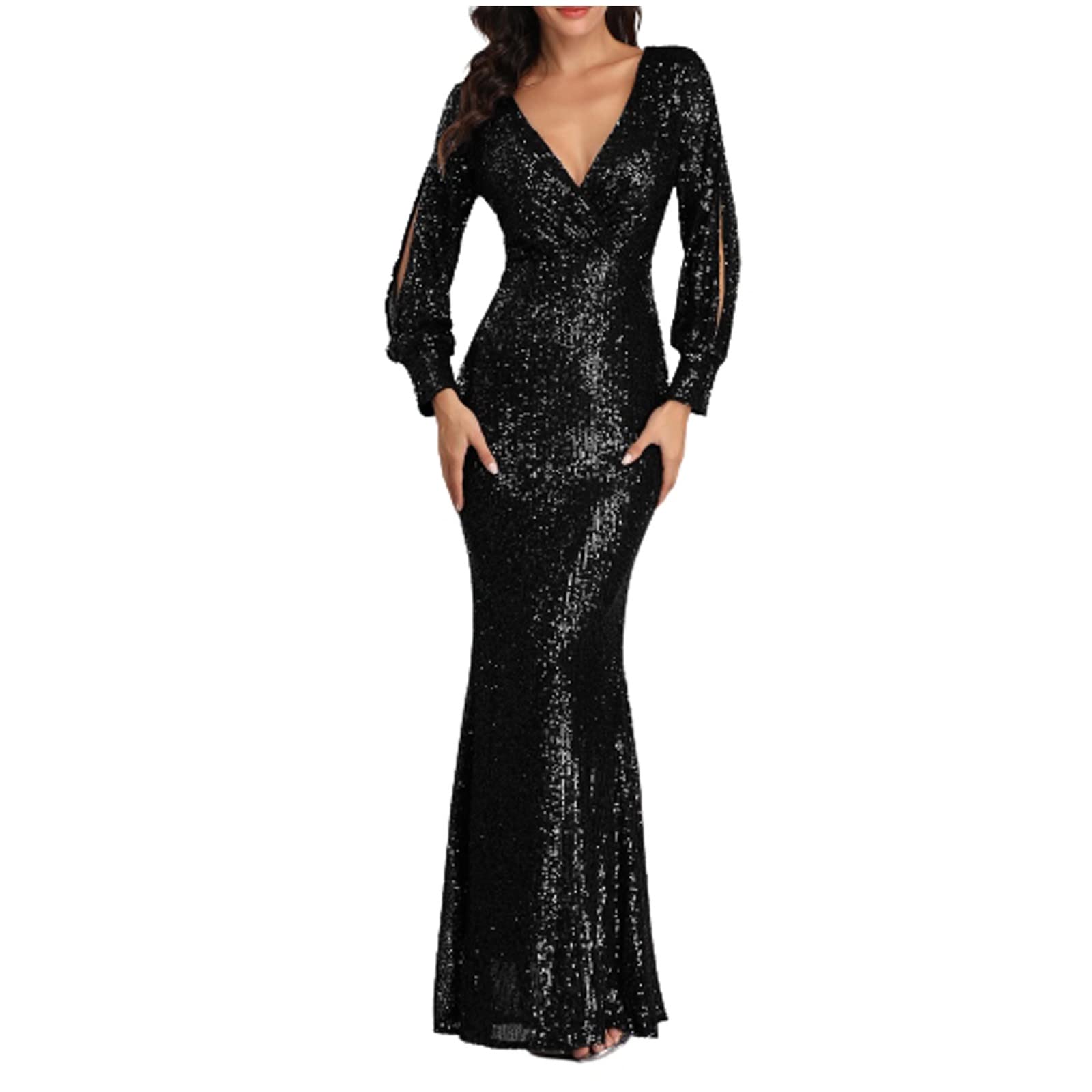 Elegant SHOPESSA Women's Long Sleeve V-Neck Sequin Glitter Bodycon Dress for Evening Parties, Homecoming & Special Occasions - Perfect for Prom, Cocktail Events & Formal Gatherings