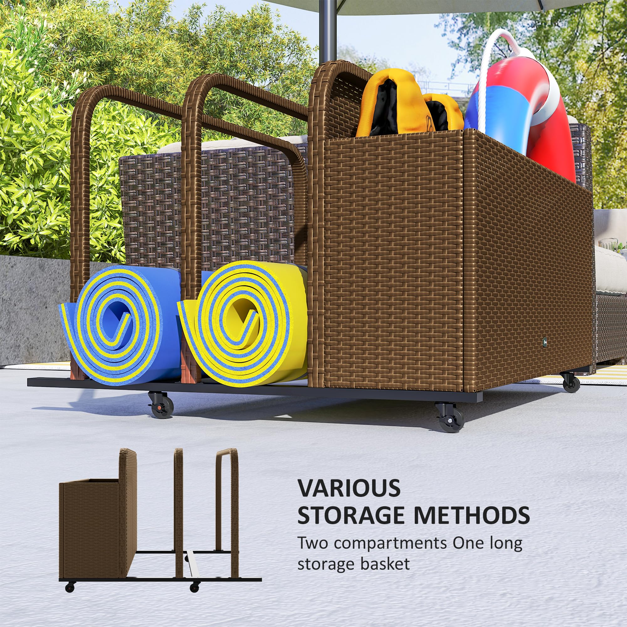 Outsunny Brown PE Rattan Pool Float Storage Basket with Wheels - Outdoor Wicker Caddy Organizer for Pool Toys, Floaties, Noodles, Beach Balls & Life Vests - Perfect for Backyard, Poolside & Beach Storage