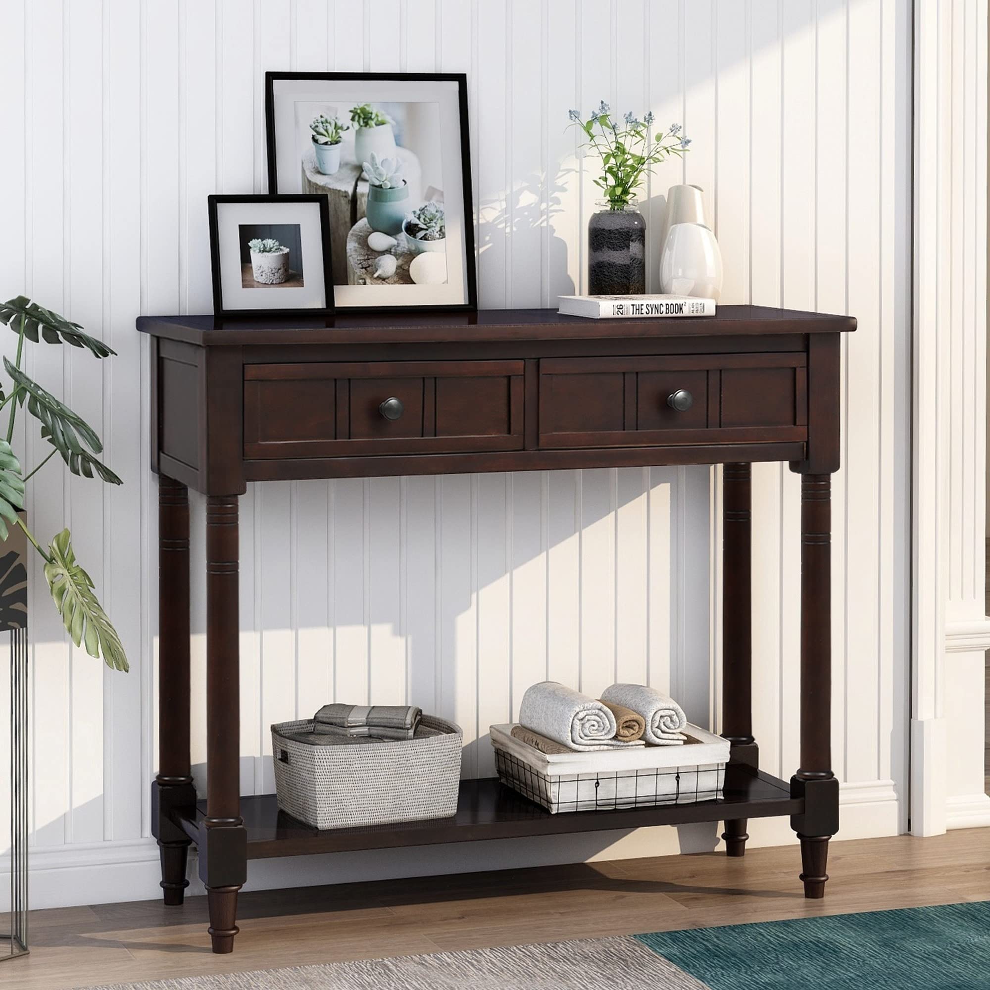 TREXM Daisy Series Console Table - Traditional Design with 2 Drawers & Bottom Shelf, Solid Acacia Mangium Wood (Espresso Finish) - Perfect for Entryway, Living Room & Hallway Decor