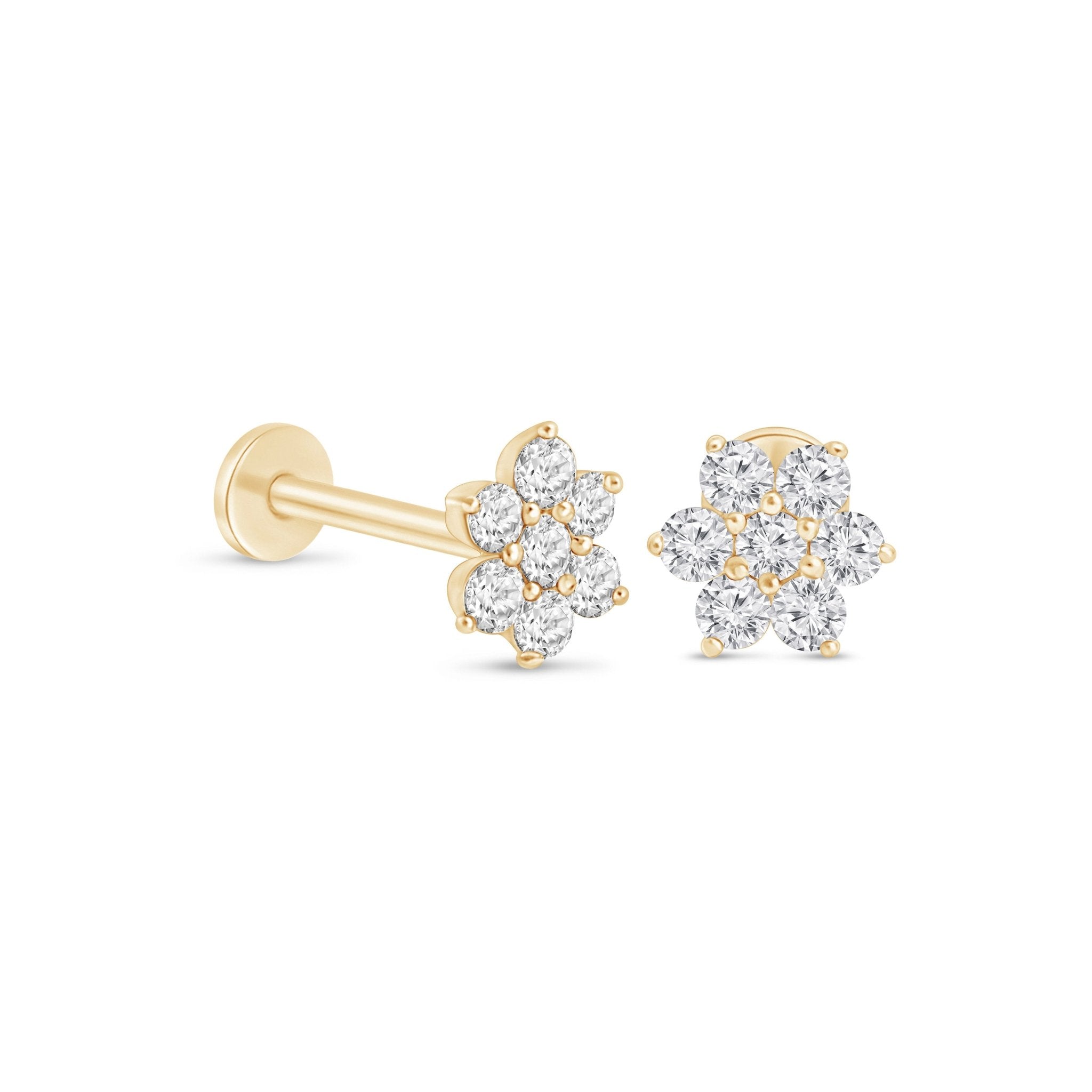 14k Yellow Gold Seven Diamond Flower Flat Back Stud Earrings - Elegant Floral Jewelry for Women, Perfect for Weddings, Parties & Everyday Wear