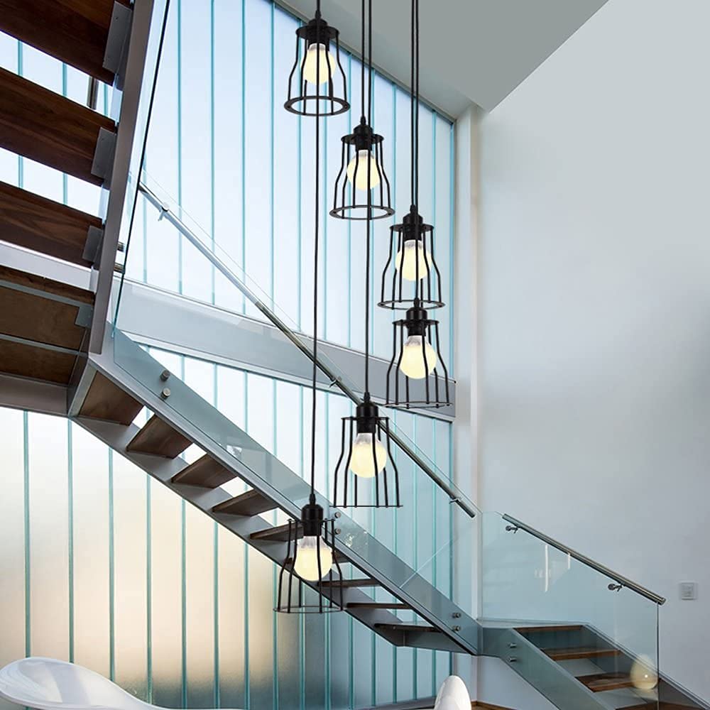 Modern 6-Light Black Glass Chandelier - Elegant Pendant Lighting Fixture for Kitchen Island, Dining Room & Foyer | Clear Glass Long Hanging Light for Contemporary Home Decor