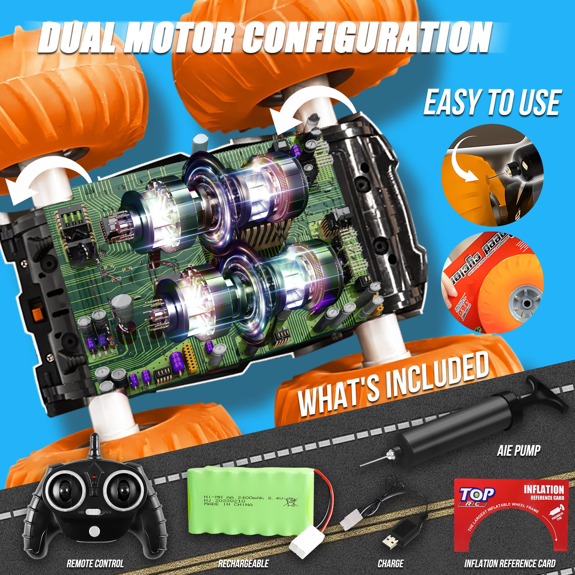 2.4GHz Remote Control Stunt Car - All Terrain Off-Road RC Truck with Inflatable Wheels & 60 Min Playtime | Rechargeable Glow Up Toy for Boys Age 4-12 | Birthday, Easter Gift | Perfect for Outdoor Play, Backyard Racing & Kids Parties