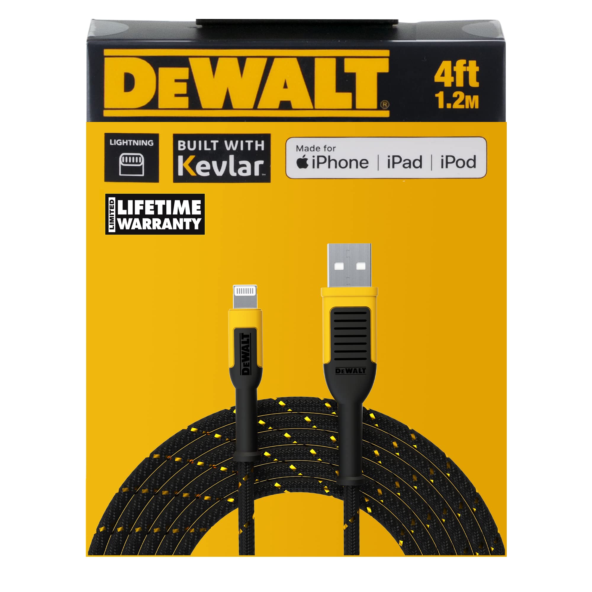 **Durable DEWALT Braided Lightning to USB Cable - 4FT Fast Charging Cord for iPhone 13/12/11/X/8/7 & More - Apple MFi Certified (USB-A to Lightning) - Perfect for Home, Office & Travel Charging**