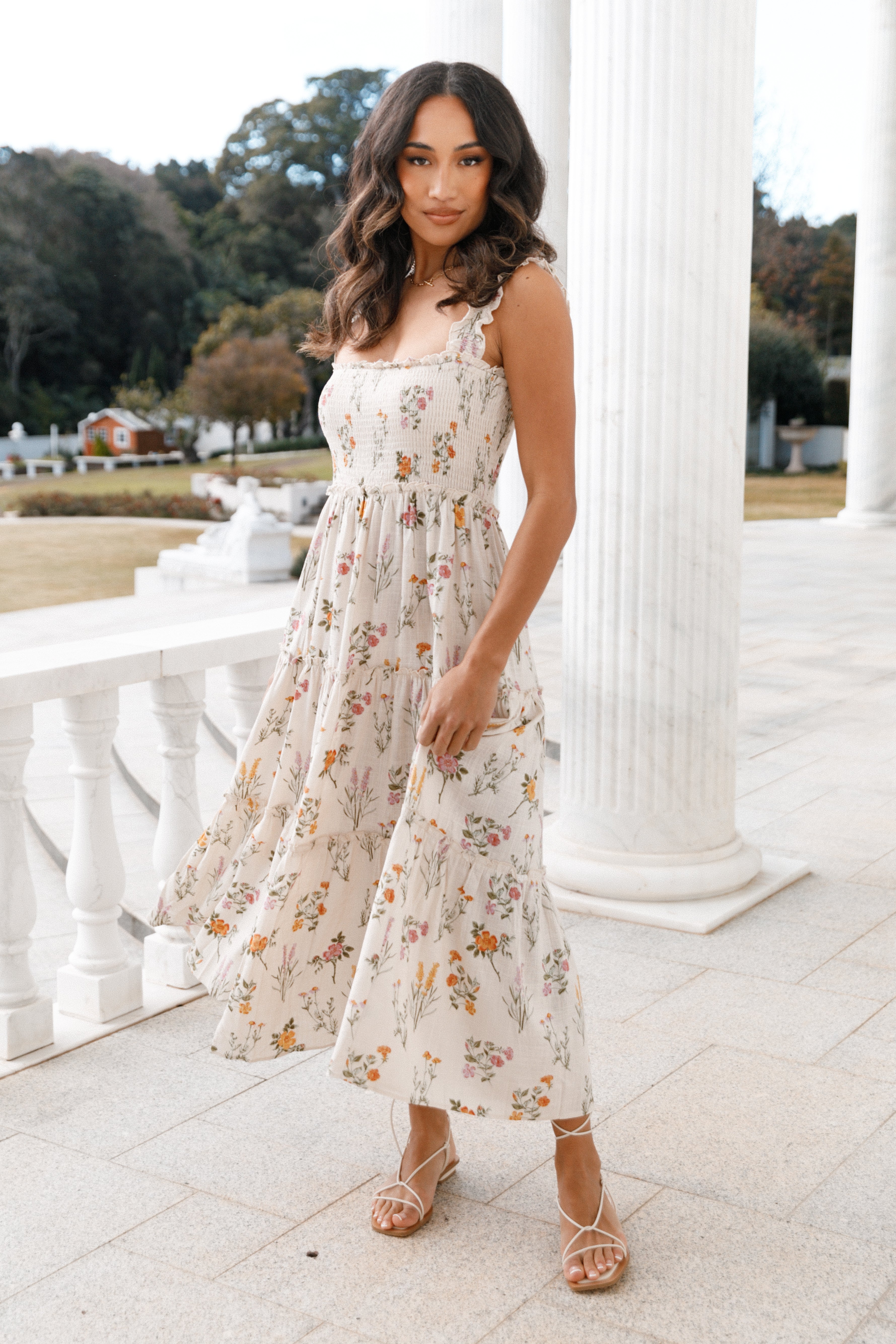 August Shirred Maxi Dress - Beige Floral Print Summer Dress for Women | Perfect for Beach Vacations, Date Nights & Casual Outings