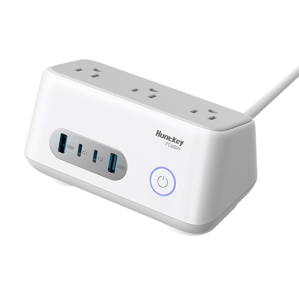 Huntkey 68W Desktop Charging Station with 3 AC Outlets & 5 Ports (2 USB-C + 2 USB-A) | 5ft Extension Cord | Fast Charging Hub for Phones, Tablets, Laptops | Perfect for Home Office, Bedroom & Travel