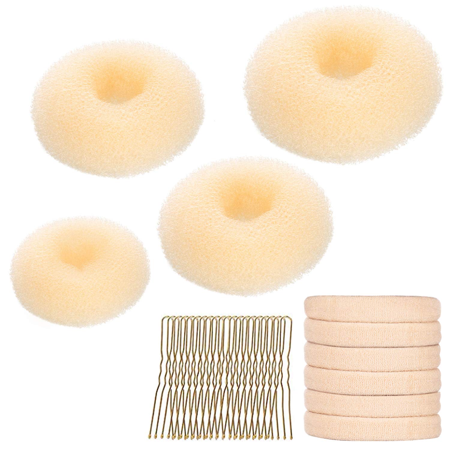 YaFex 3-Piece Hair Bun Maker Set (Small, Medium, Large) with 6 Hair Elastics & 1 Bag Hairpins - Blonde Nylon Hair Donut for Quick Updos, Ponytails, and Ballet Hairstyles