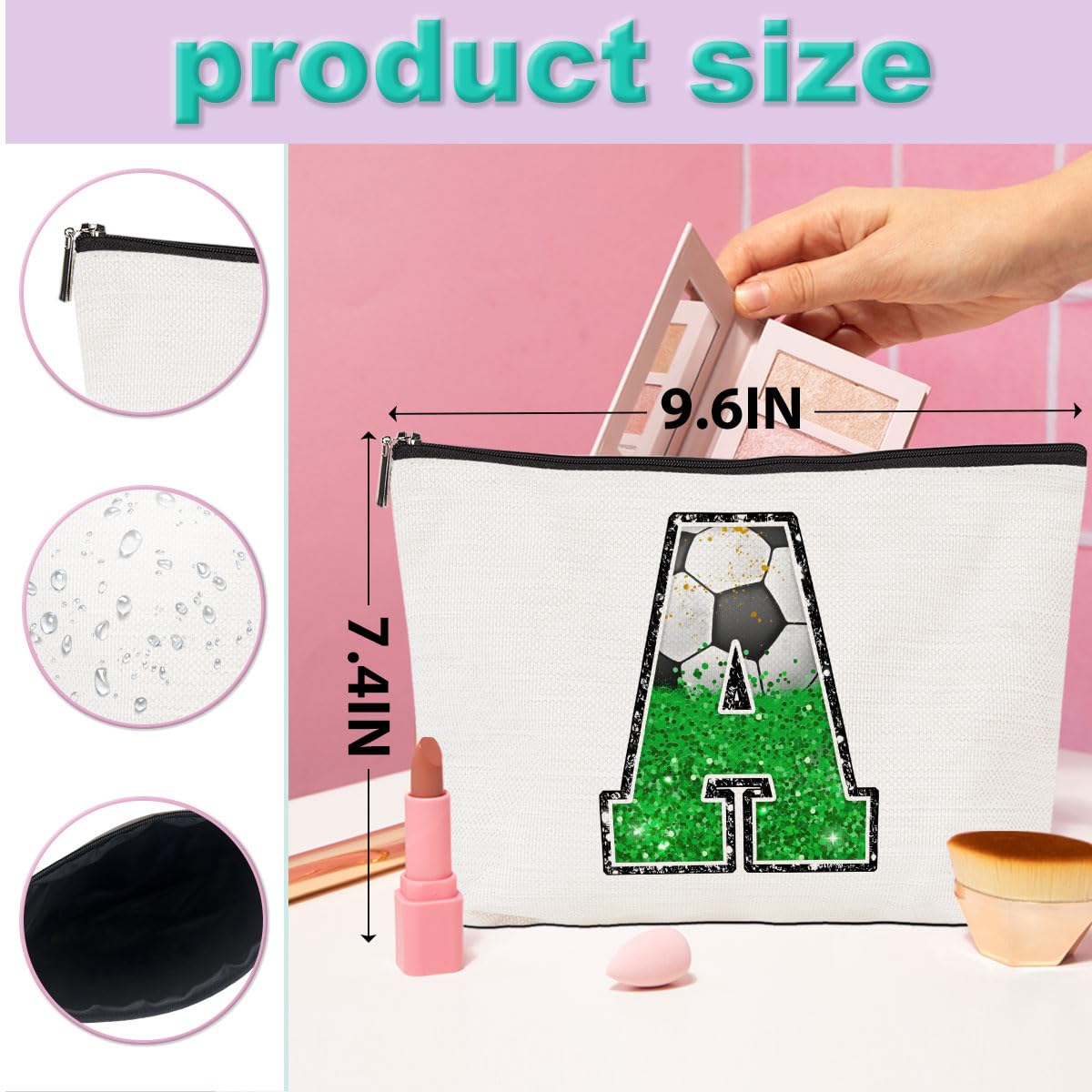 Personalized Monogrammed Soccer Makeup Bag - Custom Letter A-Z Cosmetic Pouch for Women, Girls, Soccer Players & Coaches - Perfect Soccer Gift for Birthday, Graduation, Game Day & Travel Accessories