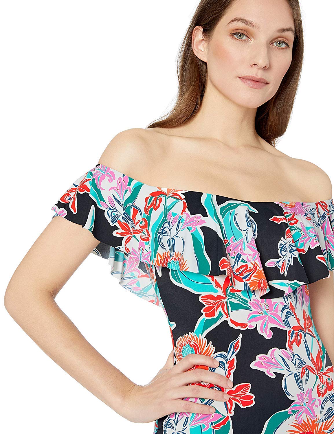 Trina Turk Women's Off-Shoulder Ruffle Bandeau One-Piece Swimsuit | Sexy Summer Bathing Suit for Beach & Pool | Perfect for Vacations, Resorts, and Tropical Getaways