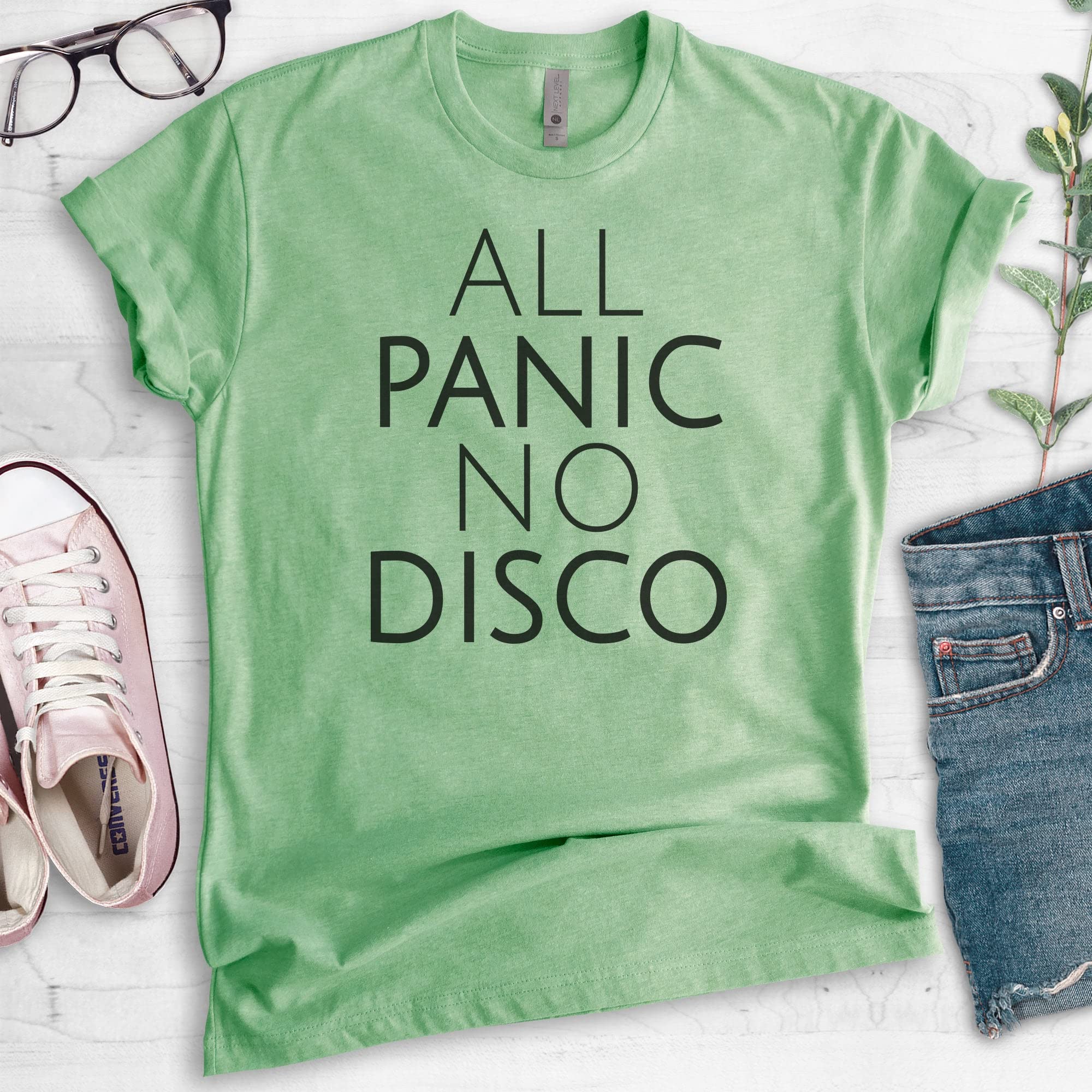 All Panic No Disco Unisex T-Shirt - Anxiety Relief Shirt for Women & Men - Funny Nervous Introvert Tee in Heather Apple Green (Large) - Perfect for Social Events, Parties & Everyday Wear
