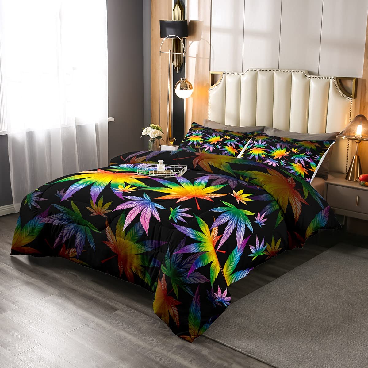 Colorful Cannabis Leaf Twin Size Bedding Set - Botanical Weed Duvet Cover & Pillowcase for Kids & Teens - Perfect for Dorm Rooms, Themed Bedrooms & Hippie Decor