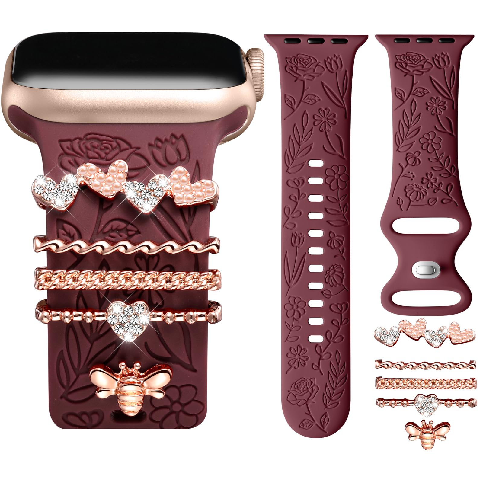 DaQin Floral Engraved Apple Watch Band - Soft Silicone Strap with Charms for Women - Compatible with iWatch Series 9/8/7/6/5/4/3/2/1/SE (38mm 40mm 41mm 42mm 44mm 45mm) - Perfect for Workouts, Office Wear & Everyday Fashion Accessory