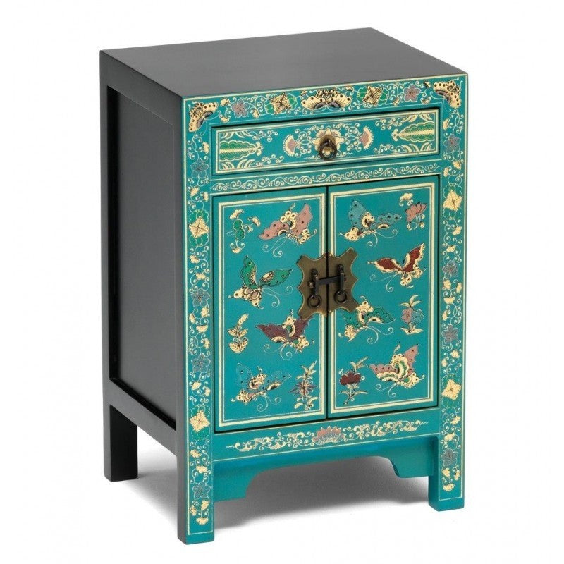 Golden Dragon Oriental Painted Solid Wood Blue Bedside Cabinet - 40x35x60cm Nightstand with Storage for Bedroom, Living Room & Office Furniture Decor