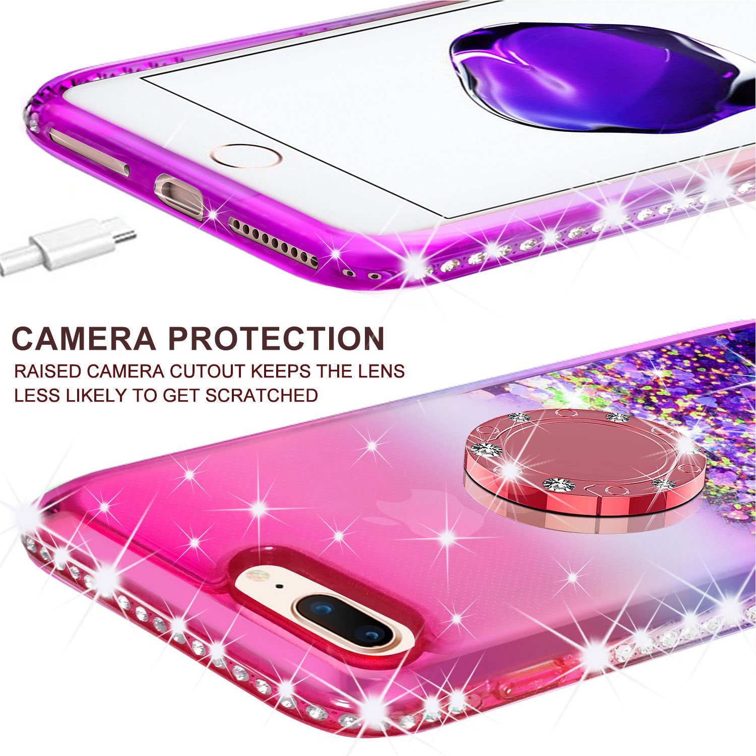 Cute Shockproof Liquid Glitter Phone Case with Ring Kickstand for iPhone 7 Plus/8 Plus - Hot Pink & Purple | Trendy Protective Case for Women & Girls | Perfect for Everyday Use, Parties & Travel
