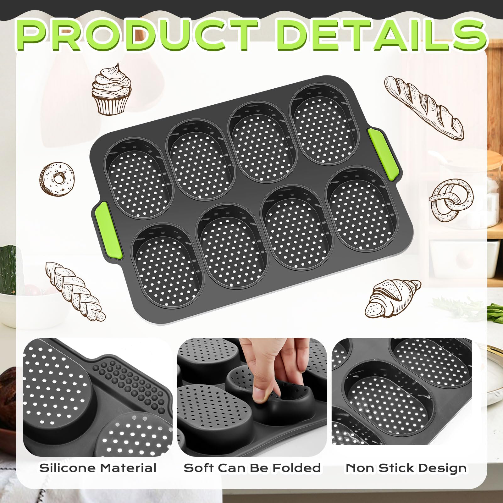4-Piece Silicone Baguette Pan Set - Nonstick Perforated Bread Mold with 8 Gutters & 3-Wave Design for Perfect French Bread | Oven-Safe Baking Tray for Homemade Loaves, Toast & Artisan Bakers | Ideal for Home Kitchens, Bakeries & Cooking Enthusiasts