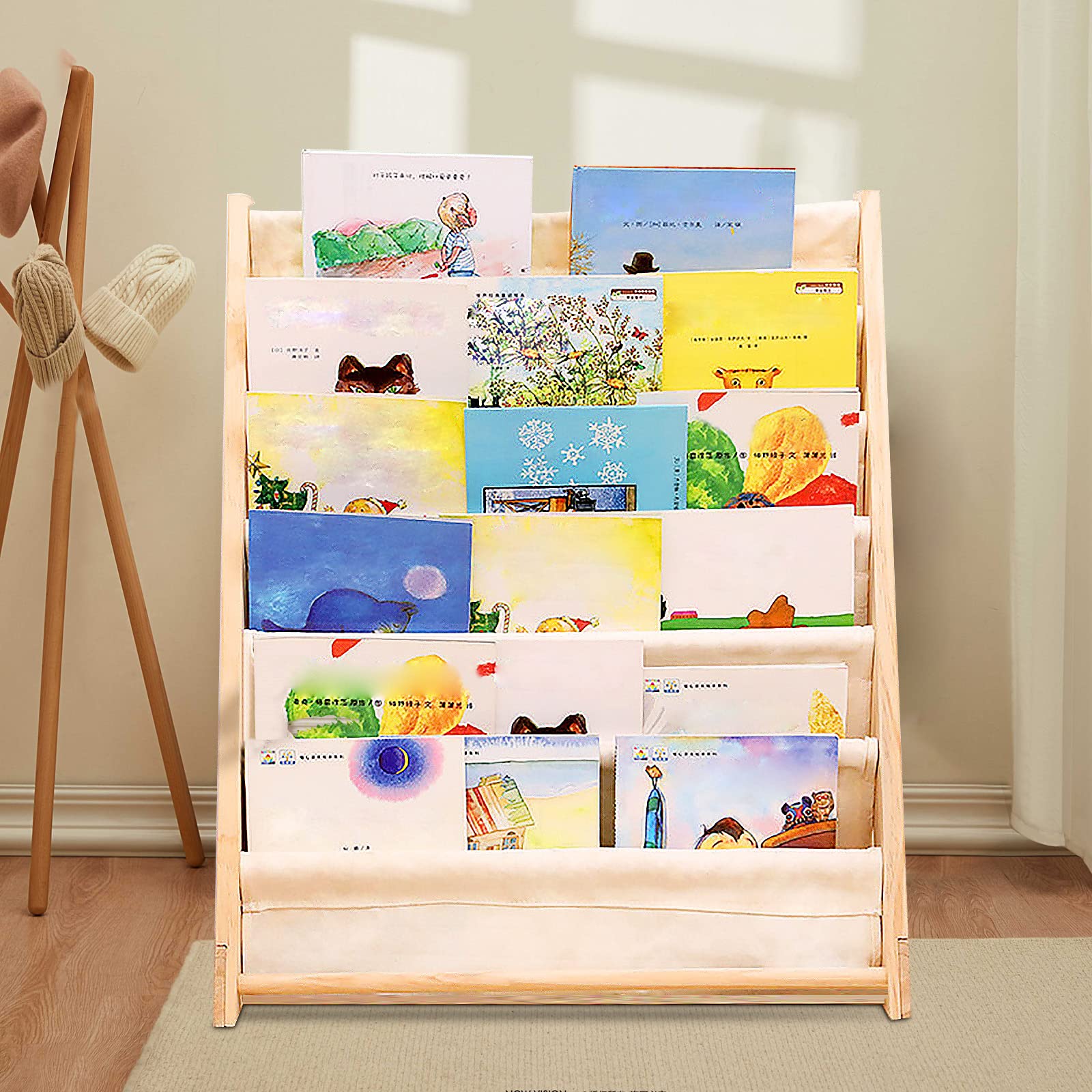 Kids Bookcase Organizer - Standing Book Storage Shelf with Canvas & Pine, Toy Display Rack for Bedroom & Playroom - Perfect for Kids' Book Storage, Toy Organization & Room Decor
