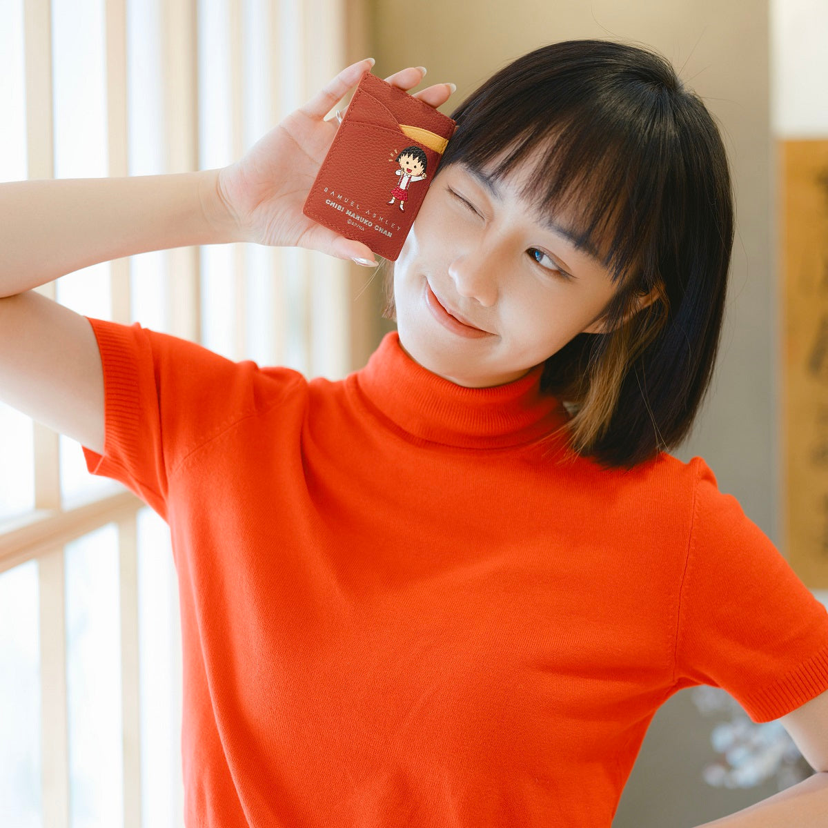 Samuel Ashley x Chibi Maruko Chan Genuine Leather Wallet Card Holder - Slim RFID Blocking Minimalist Design for Everyday Carry, Travel & Gift Giving