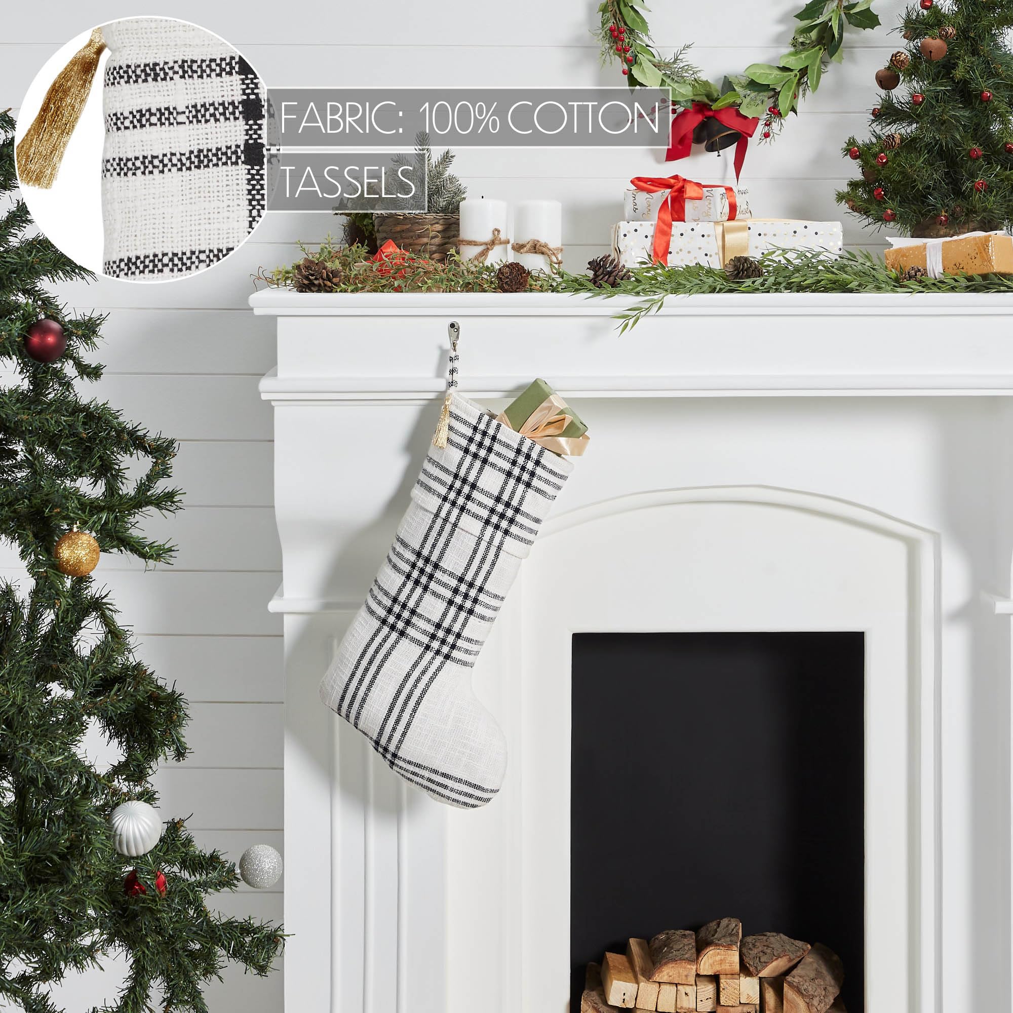 VHC Brands Christmas Stocking - Woven Plaid Holiday Decor for Farmhouse, Tree, Mantel - Black, White, Pine Green Gingham Pattern - Perfect for Fireplace, Gift Giving & Festive Home Decor