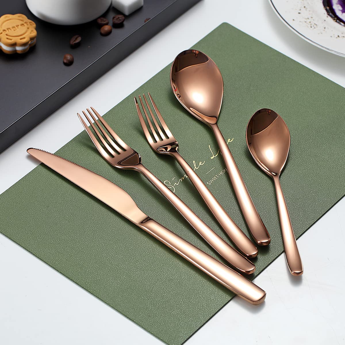 Premium 40-Piece Copper Silverware Set - Rose Gold Flatware Service for 8 - Stainless Steel Cutlery Set with Forks & Spoons - Elegant Kitchen Utensils for Dinner Parties, Wedding Gifts & Fine Dining (Shiny Rose Gold Finish)