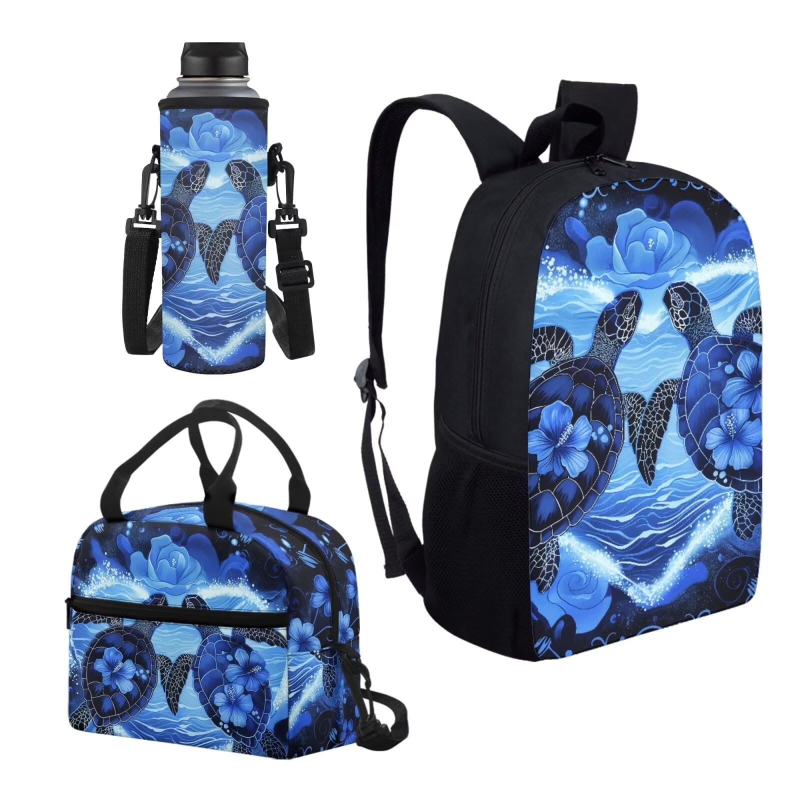 Blue Sea Turtle Print Backpack Set for Boys & Girls - 3-in-1 School Bag with Lunch Box & Water Bottle Sleeve | Durable Daypack for Outdoor Camping, Travel, Picnic & Beach Adventures