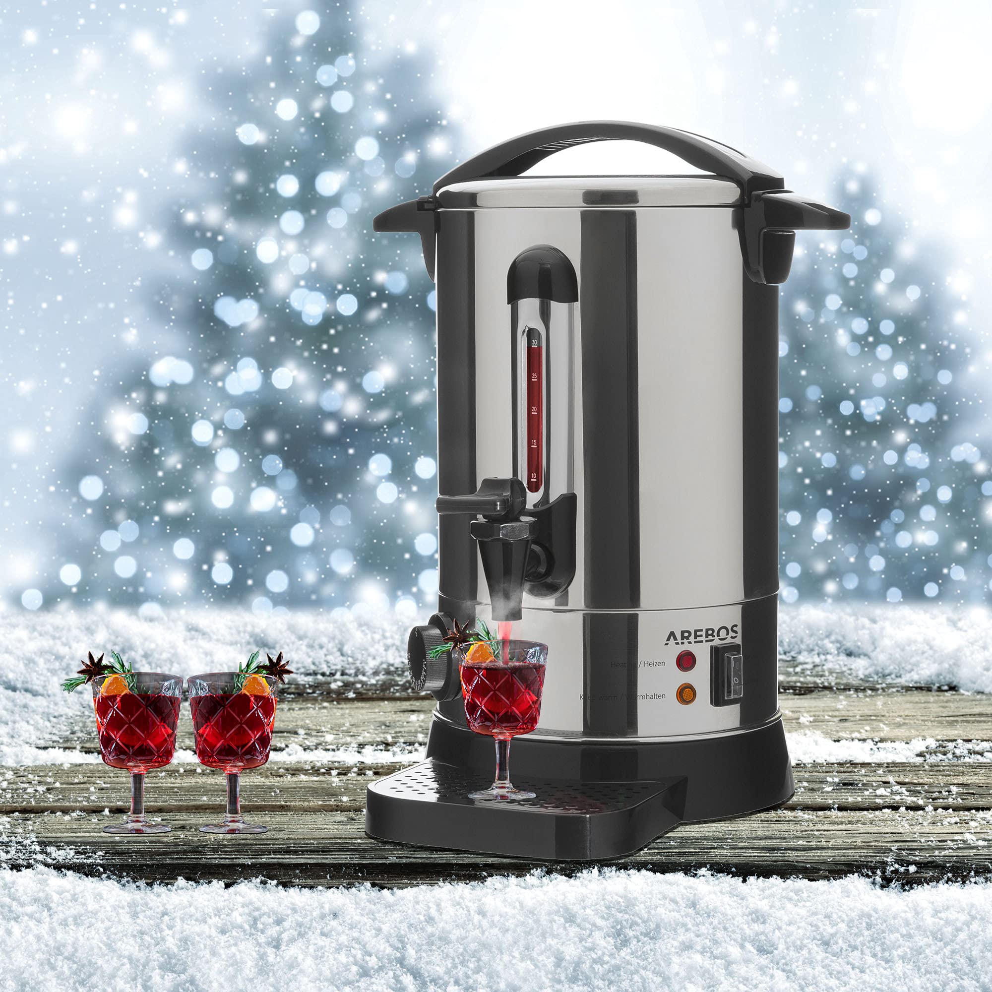 Arebos 6.8L 950W Electric Hot Water Dispenser with Tap - Adjustable Temperature 30-110°C for Mulled Wine, Coffee, Tea - Perfect for Home, Office, and Catering Use