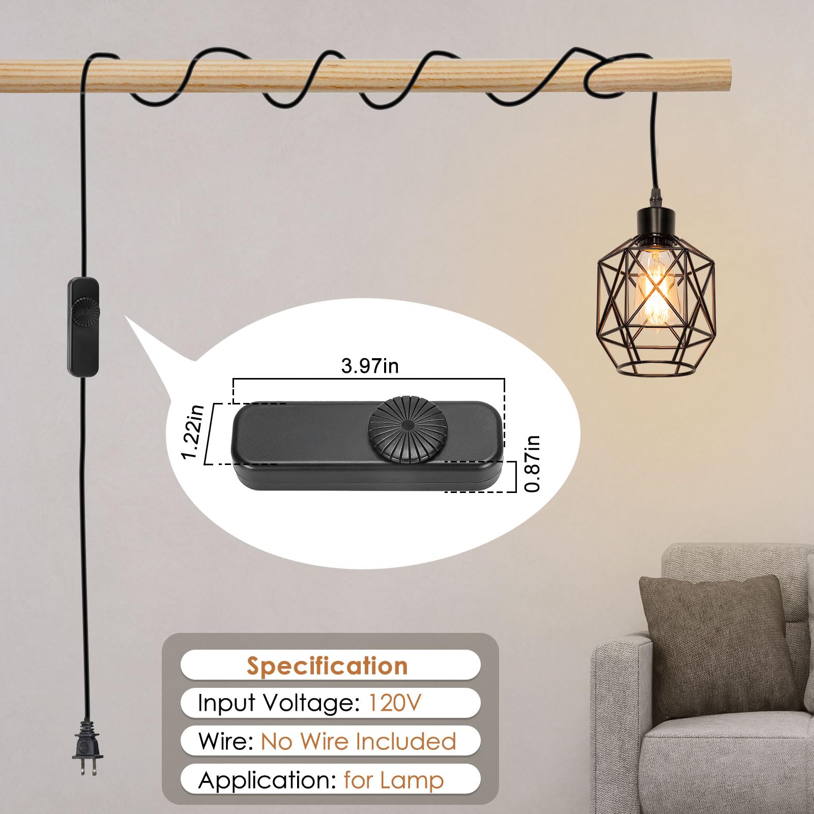 2 Pack Inline Rotary Dimmer Switch - Full Range Dimmer for Table & Floor Lamps, Pendant Lights - Compatible with Dimmable LED, Incandescent & Halogen Bulbs - Perfect for Bedroom, Living Room & Office Lighting Control